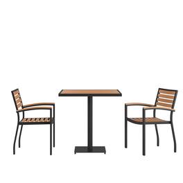 Emma + Oliver - 3 Piece Outdoor Patio Dining Table Set with Faux Table and Stackable Chairs with Accented Arms - Teak