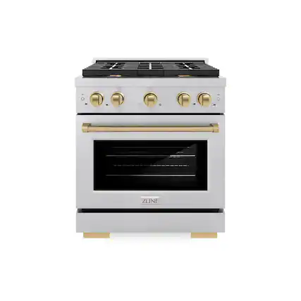 Front. ZLINE - ZLINE Autograph 30 in. Paramount Satin Steel Gas Range w/ 4 Burners & Bronze Accents (SGRSZ-30-CB) - Stainless Steel.