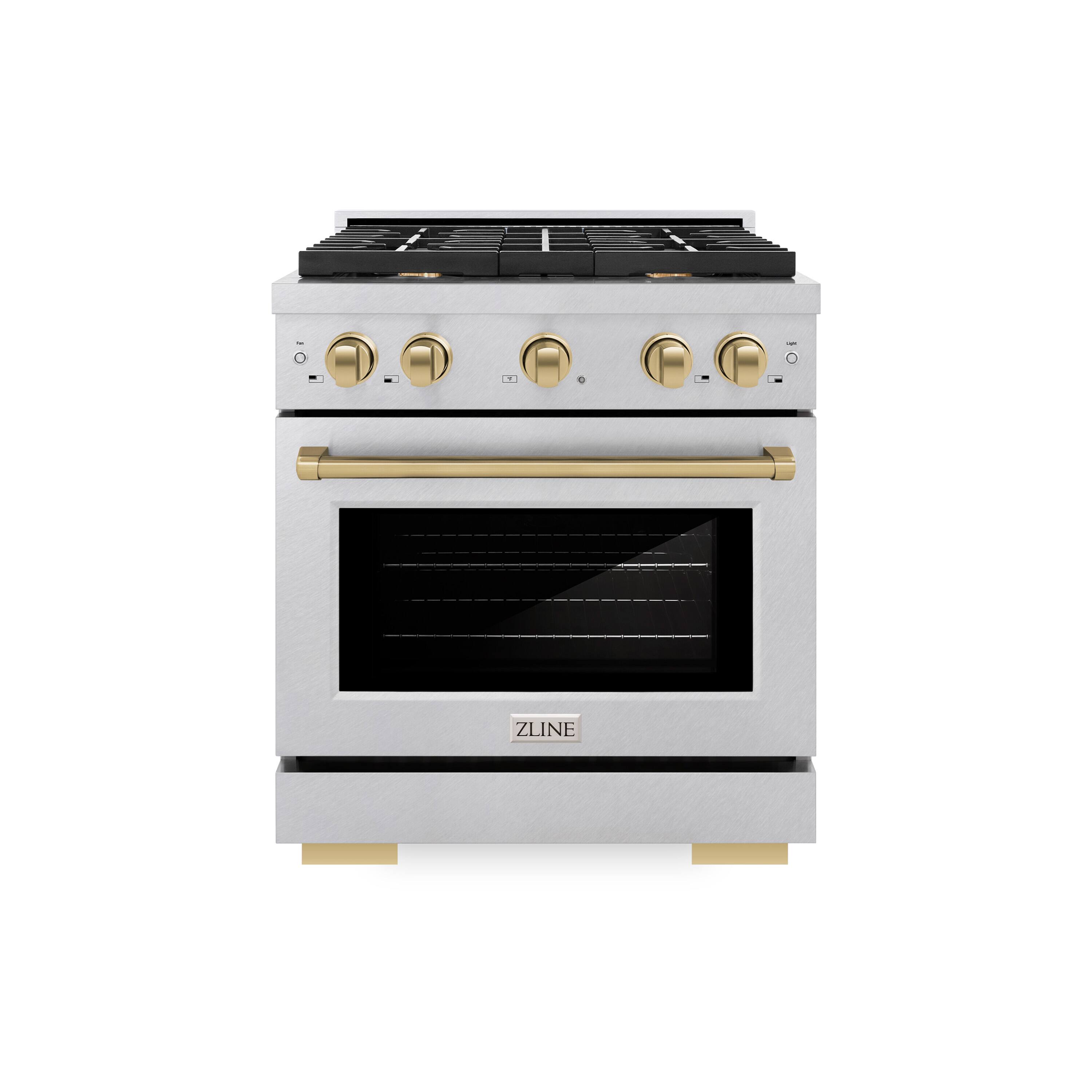 Front. ZLINE - ZLINE Autograph 30 in. Paramount Satin Steel Gas Range w/ 4 Burners & Bronze Accents (SGRSZ-30-CB) - Stainless Steel.