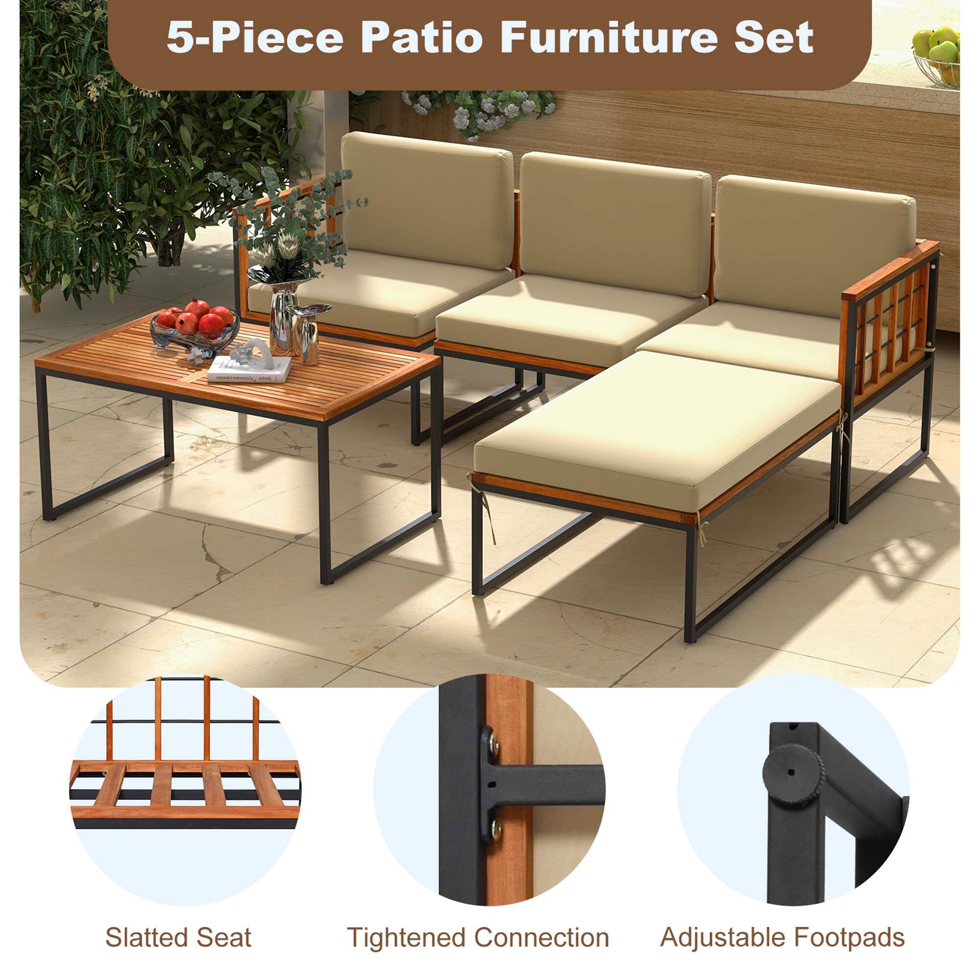 5-Piece Patio Furniture Set: Slatted Seat, Tightened Connection, Adjustable Footpads