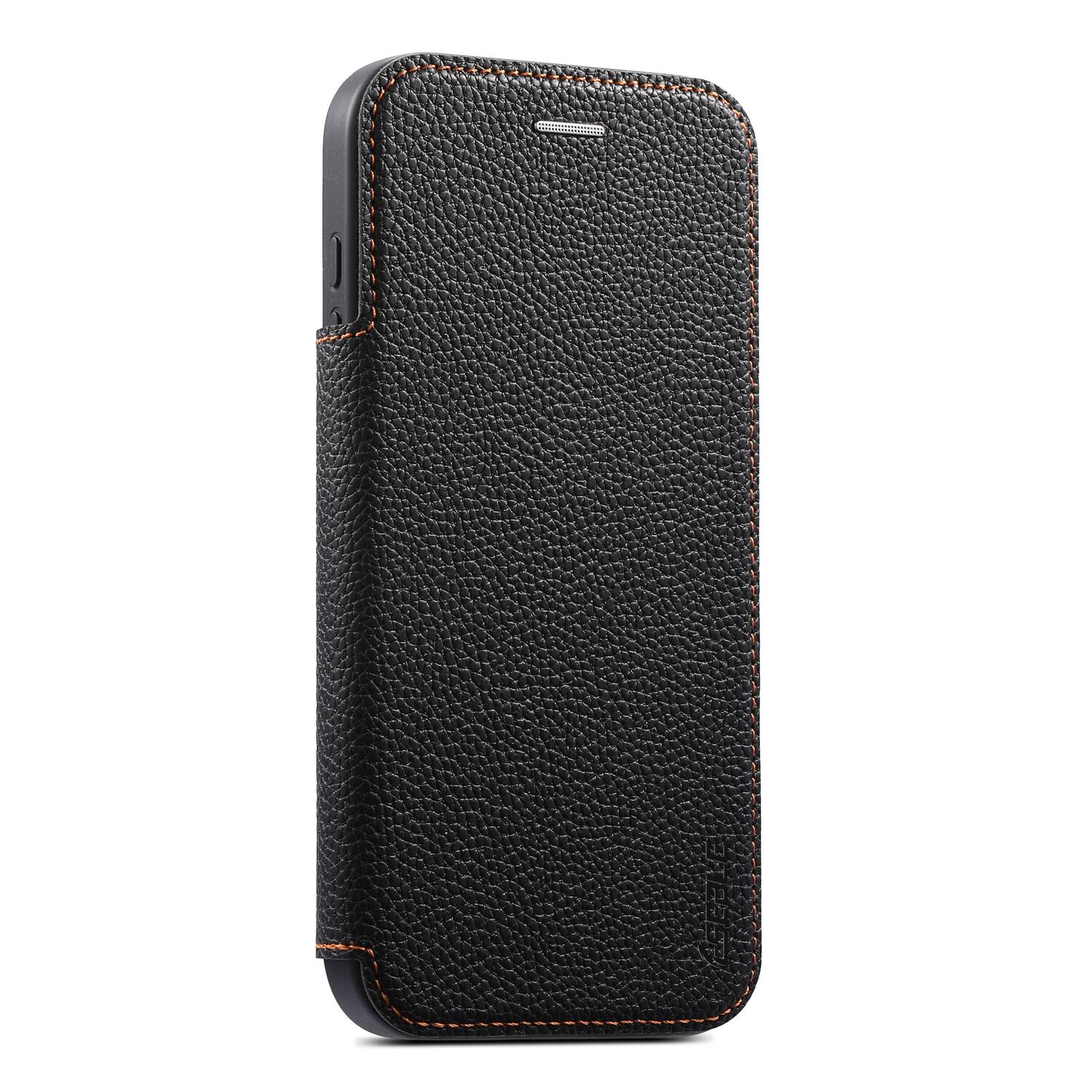 Back. Dteck - Ultra-Thin Faux Leather Card Slot Case for Apple iPhone 17 Pro Max,Wireless Charging,Flip Card Pocket Phone Cover - Black.