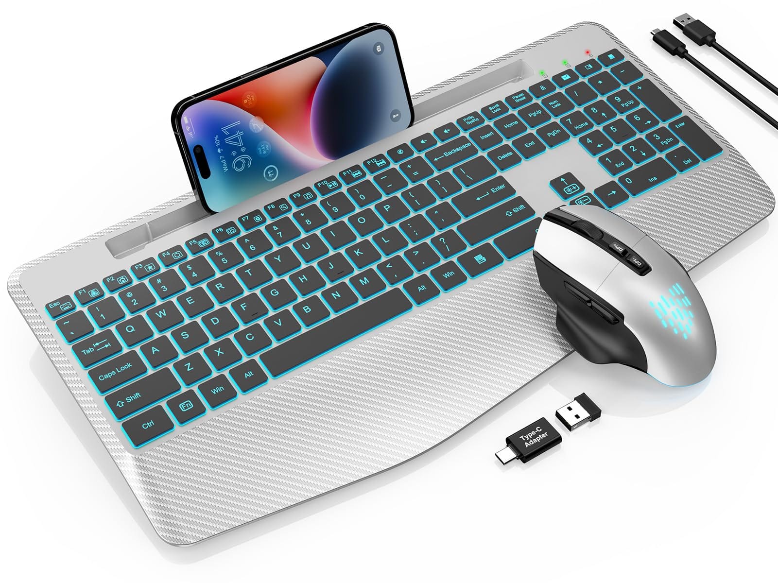 PRIMEPLUS - Wireless Keyboard/Mouse Combo, Backlit Scissor Keys, Wrist Rest, 7-Color LED, Phone Holder, Rechargeable, Ergonomic - Sliver Black price history on PriceWatchPro