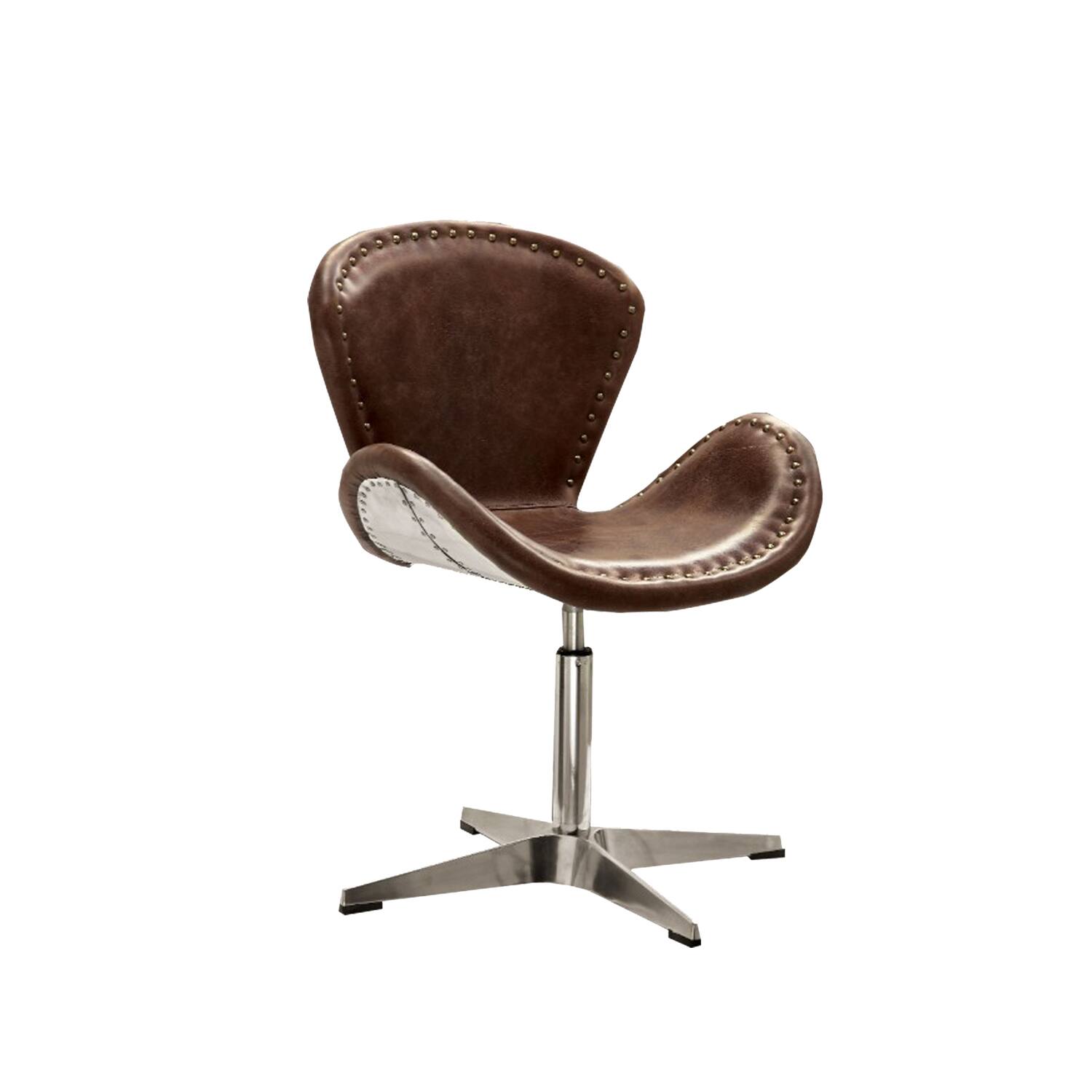 Front. Manhattan Lane - Retro Top Grain Leather Accent Chair with Swivel - Brown, Aluminum.