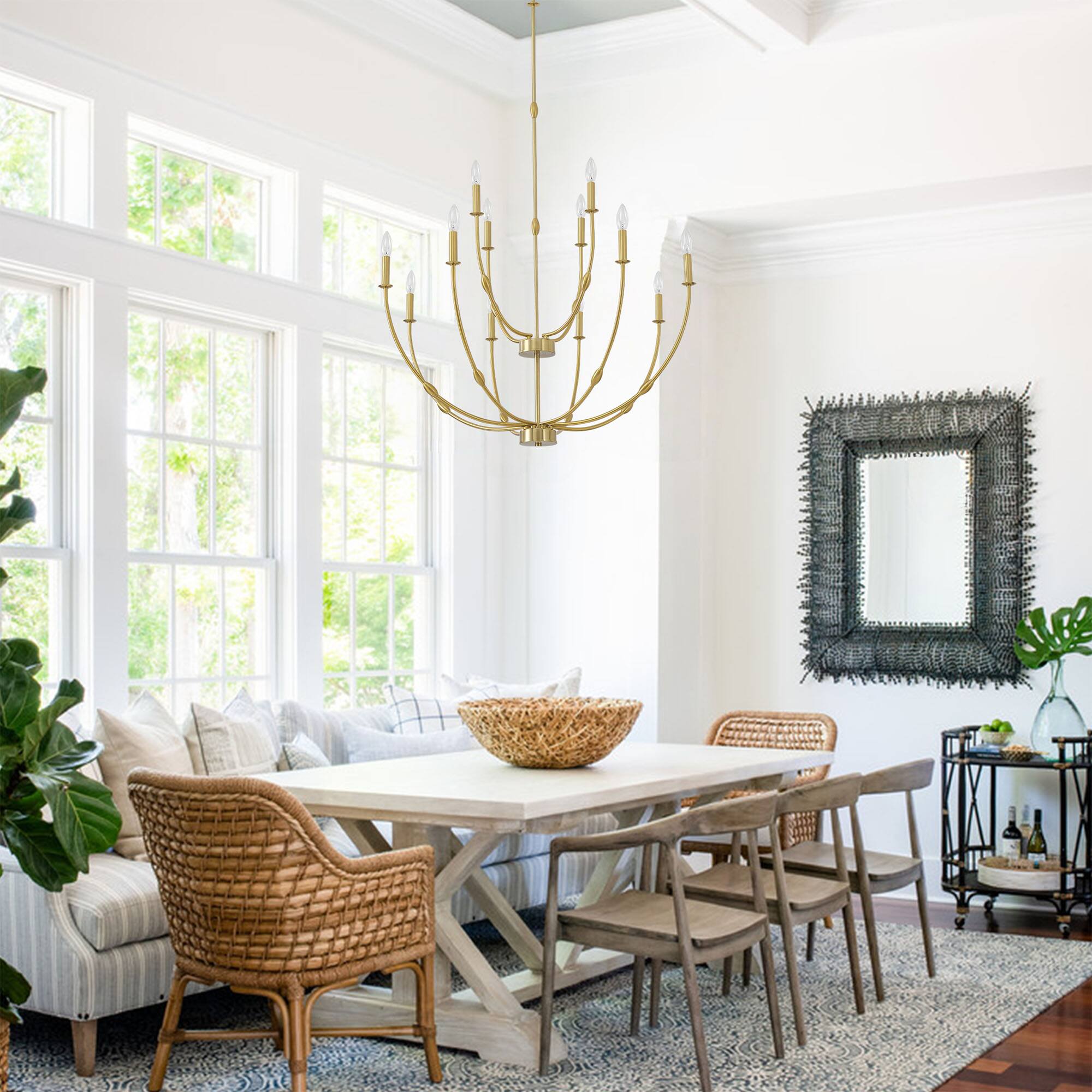 Left. RYHNUYNE - 12-Light Gold Chandelier,2-Tier Rustic Candle Chandelier Light Fixture,High Ceiling Chandelier for Entryway Living Room - Gold.