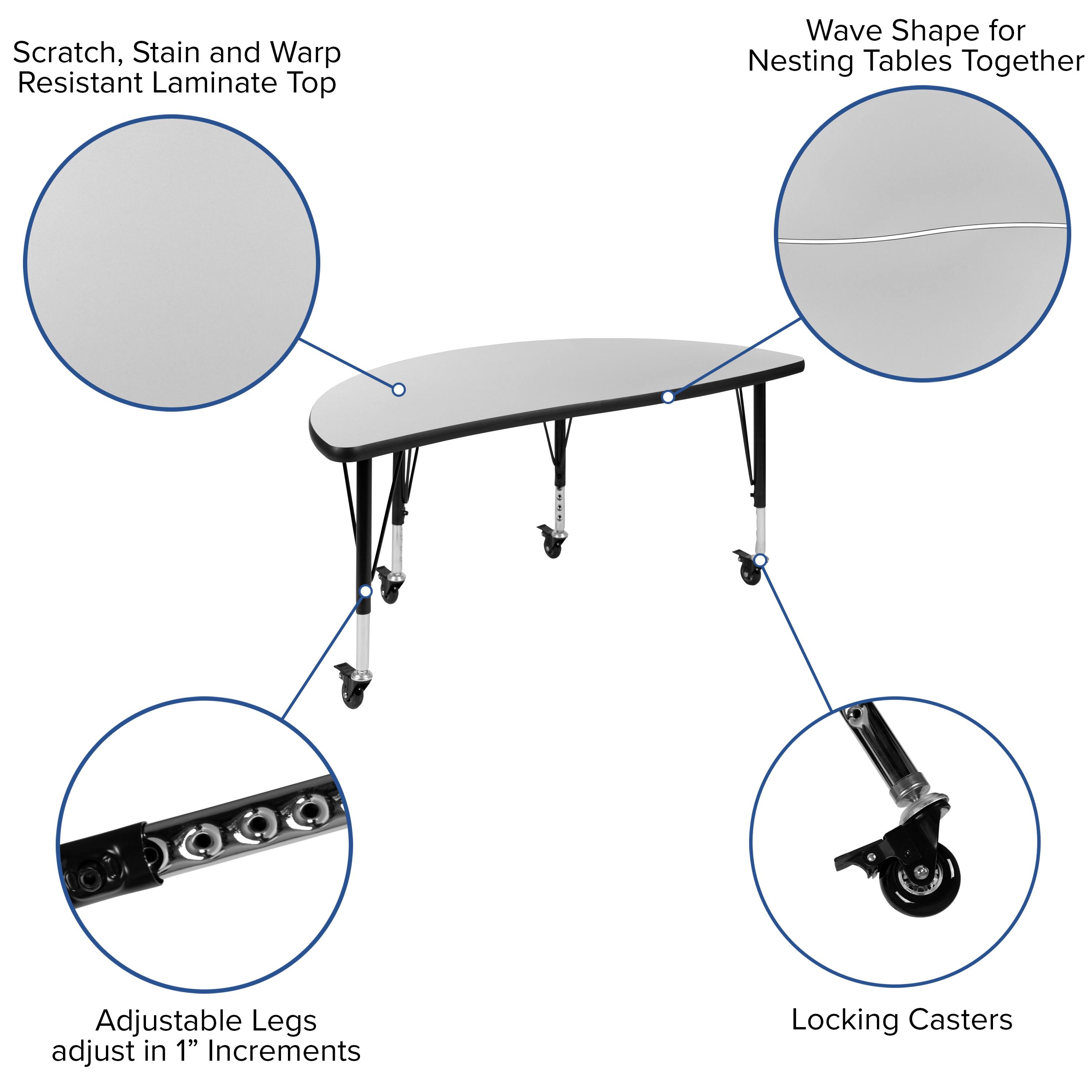 Scratch, Stain and Warp Resistant Laminate Top

Wave Shape for Nesting Tables Together

Adjustable Legs adjust in 1" Increments

Locking Casters