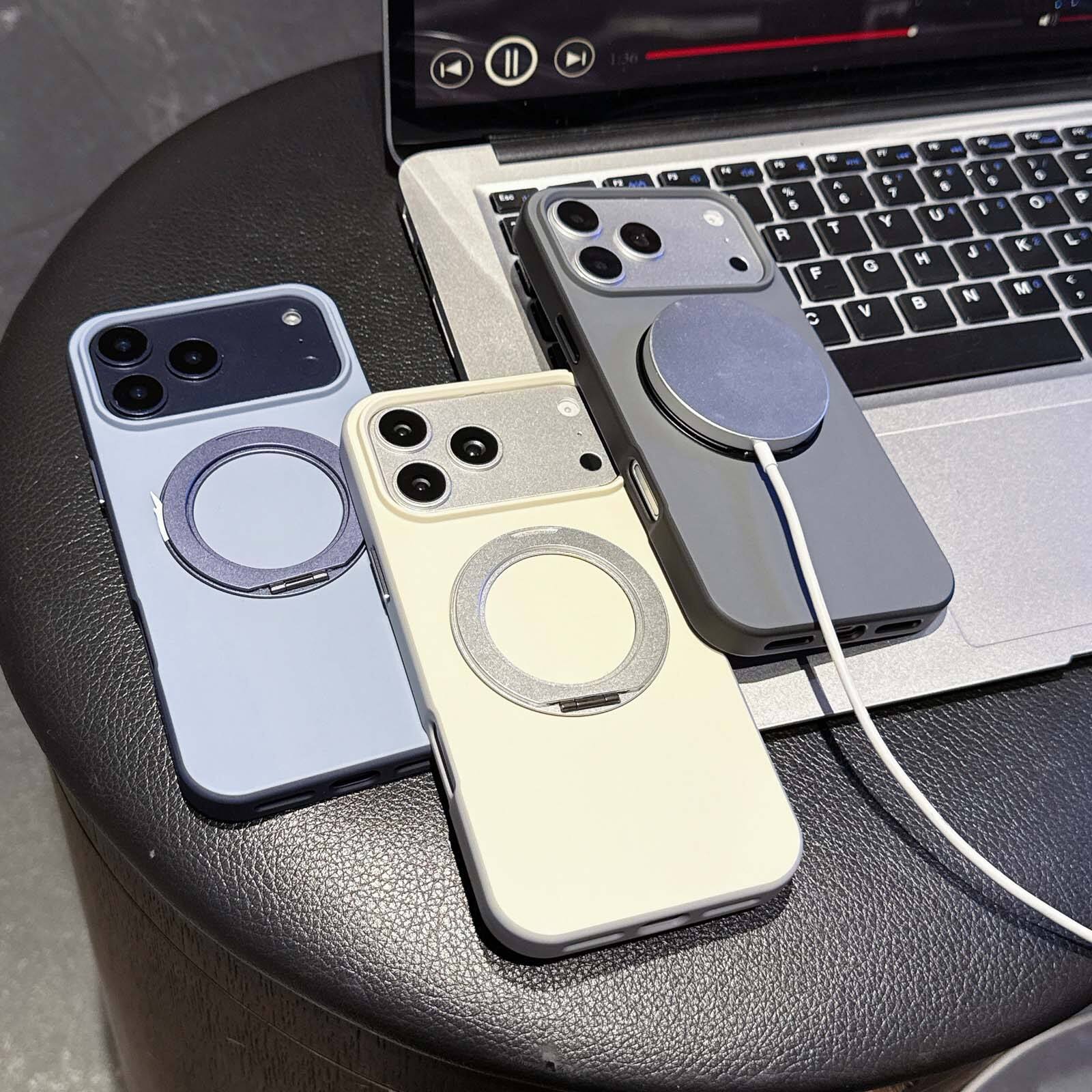 Left. Dteck - Magnetic Case for Apple iPhone 17 Pro with 360 Rotating Metal Ring Kickstand, Premium Matte Slim Shockproof Hybrid Cover - White.