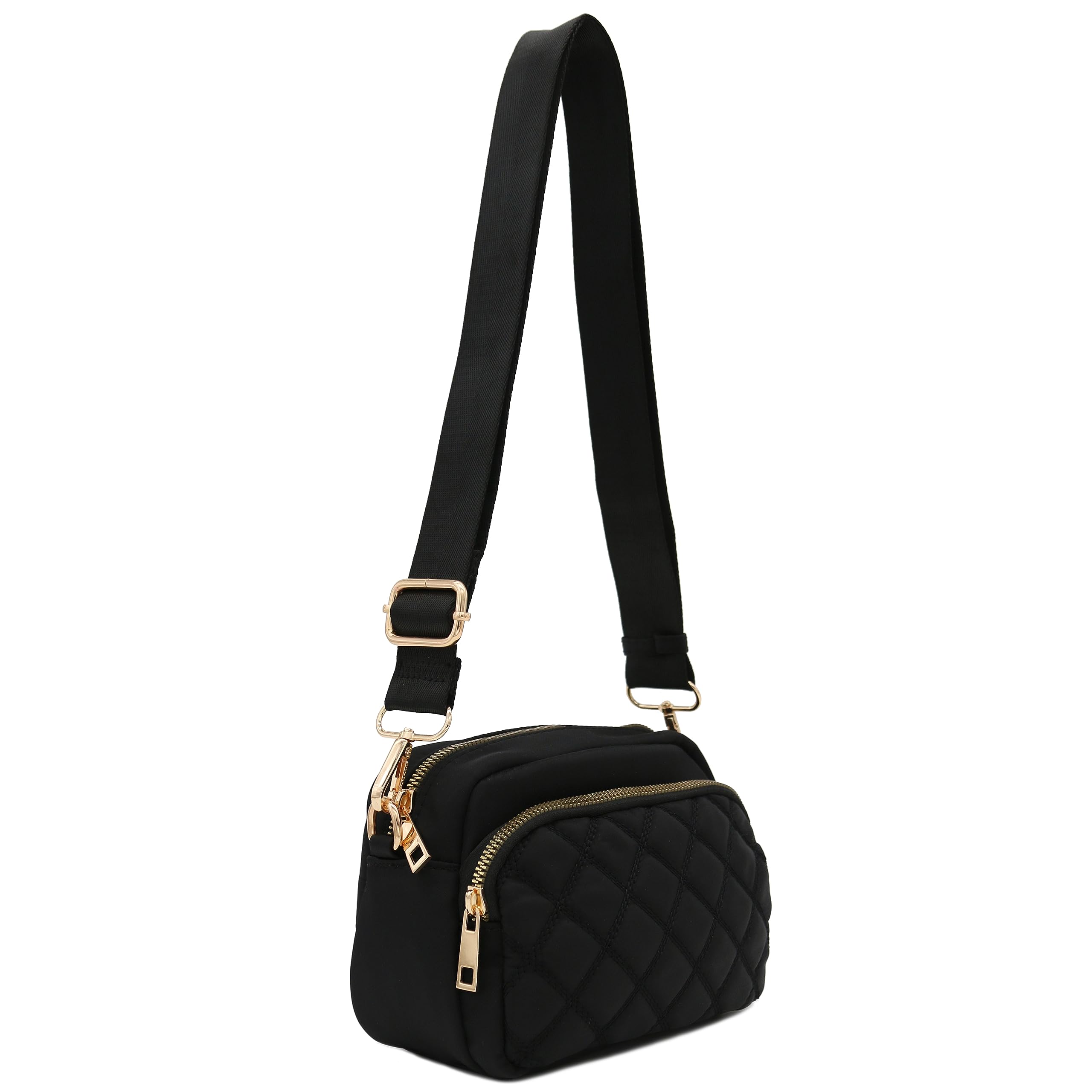 Left. Live At Space - Quilted Nylon Crossbody Bag With Wide Strap Dimensions: 7.5" (W) x 5" (H) x 3.5" (D)Zipper closure, Nylon body &tone - Nude.