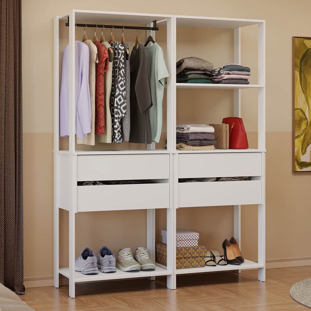 Madesa - Wardrobe Clothes Storage Rack with 4 Drawers, 5 Shelves and Hanging Space 55"L - White - White