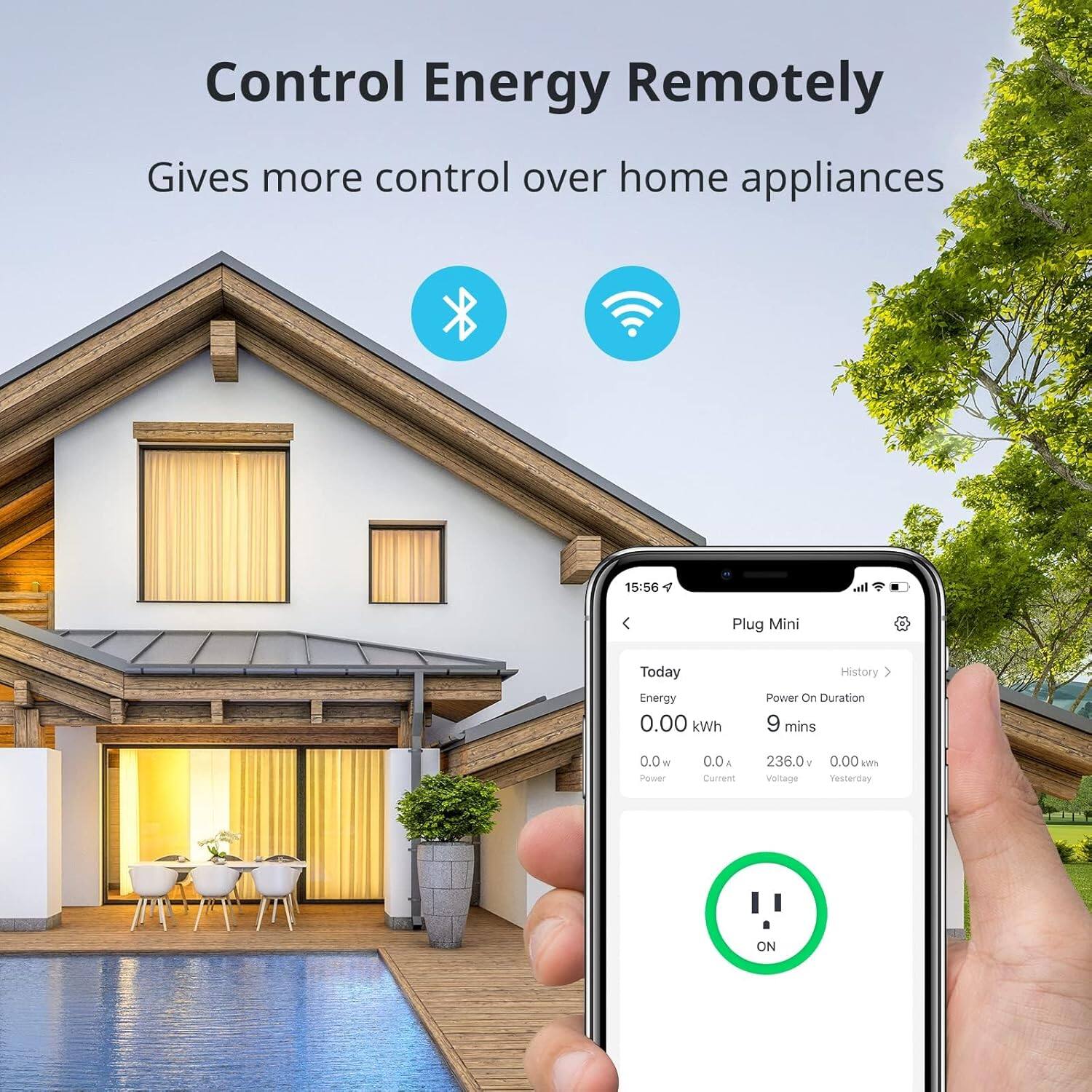 Control Energy Remotely  
Gives more control over home appliances  

Plug Mini  
Today  
Energy: 0.00 kWh  
Power On Duration: 9 mins  
Power: 0.0 w  
Current: 0.0 A  
Voltage: 236.0 V  
Yesterday: 0.00 kWh  

ON