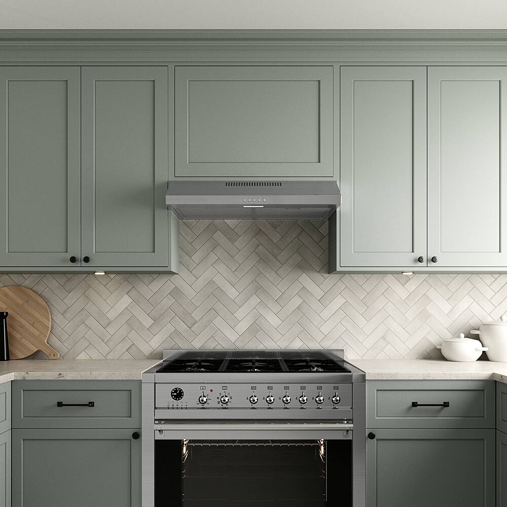 Left. Streamline - 30 in. Vinadio Convertible Undermount 80 CFM Range Hood, Mesh Filters, Push Button Control, LED Light - Brushed Stainless Steel.