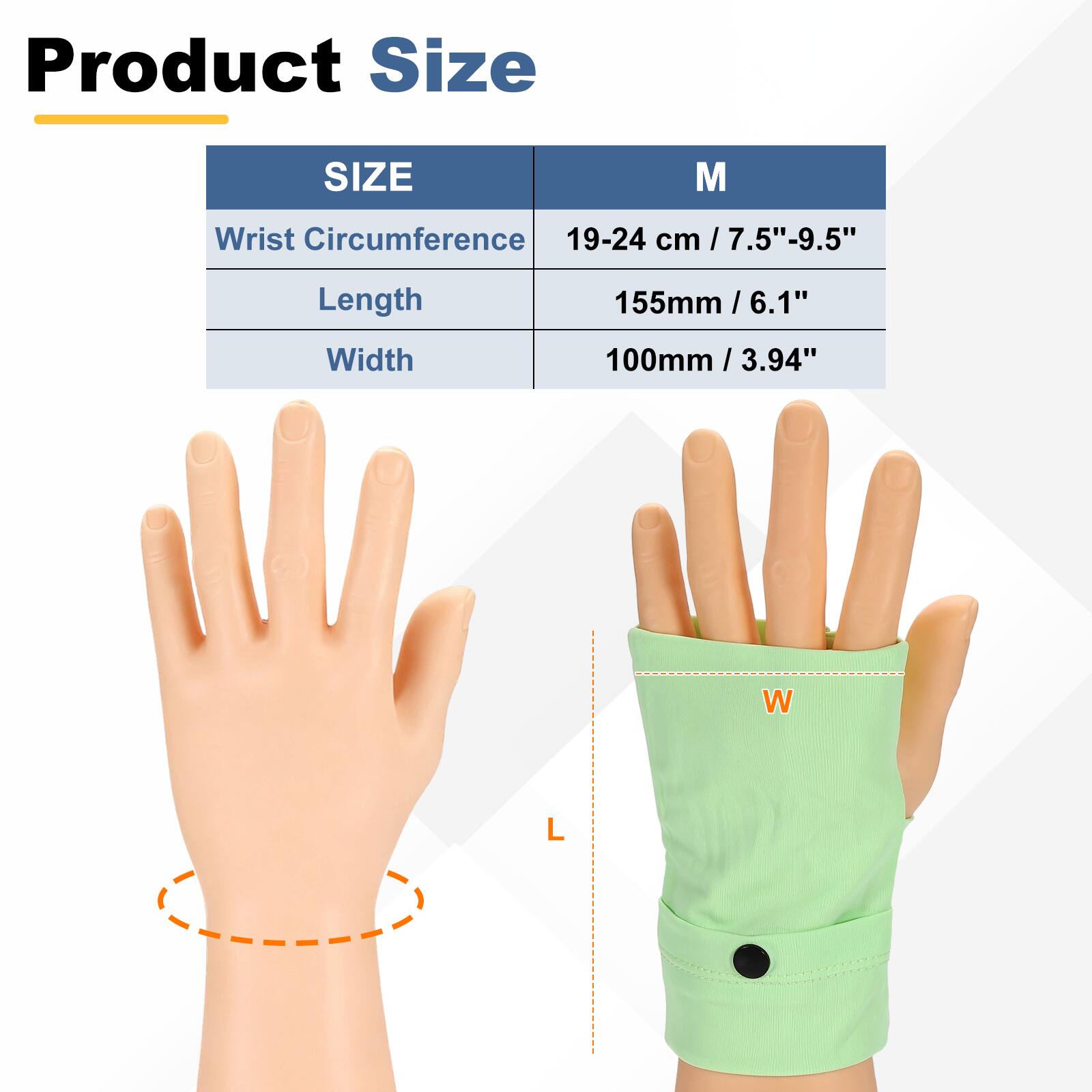 Product Size

SIZE M

- Wrist Circumference: 19-24 cm / 7.5"-9.5"
- Length: 155mm / 6.1"
- Width: 100mm / 3.94"