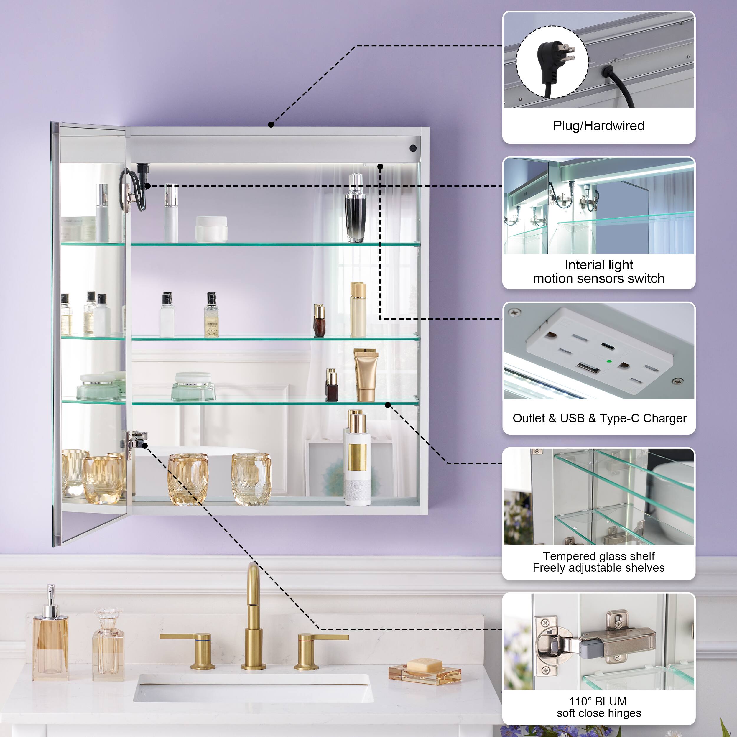 Plug/Hardwired  
Infrared light motion sensors switch  
Outlet & USB & Type-C Charger  
Tempered glass shelf  
Freely adjustable shelves  
110° BLUM soft close hinges