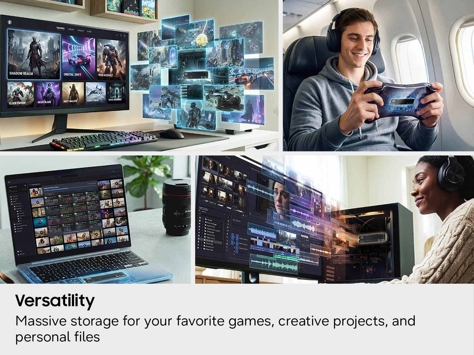 SHADOW REALM  
ORBITAL SHIFT  
VOID ASSAULT  
ELDER SWORD  
NEON BLADE  
DUST MAKER  
ECHO STRIKE  
ECHO GUARDIAN  

Versatility  
Massive storage for your favorite games, creative projects, and personal files
