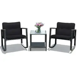 Costway - 3PCS Patio Rattan Furniture Set Rocking Chairs Cushioned Sofa - Black