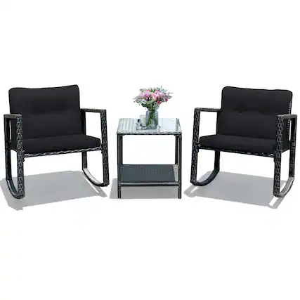 Front. Costway - 3PCS Patio Rattan Furniture Set Rocking Chairs Cushioned Sofa - Black.