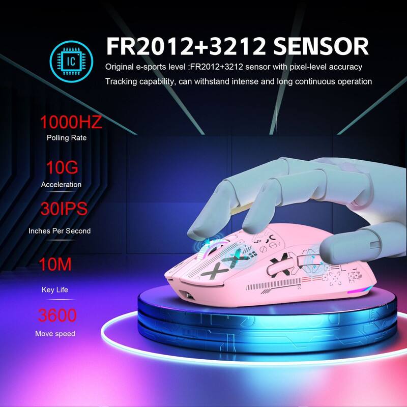 FR2012+3212 SENSOR

Original e-sports level: FR2012+3212 sensor with pixel-level accuracy  
Tracking capability, can withstand intense and long continuous operation

- 1000HZ  
  Polling Rate

- 10G  
  Acceleration

- 30IPS  
  Inches Per Second

- 10M  
  Key Life

- 3600  
  Move speed