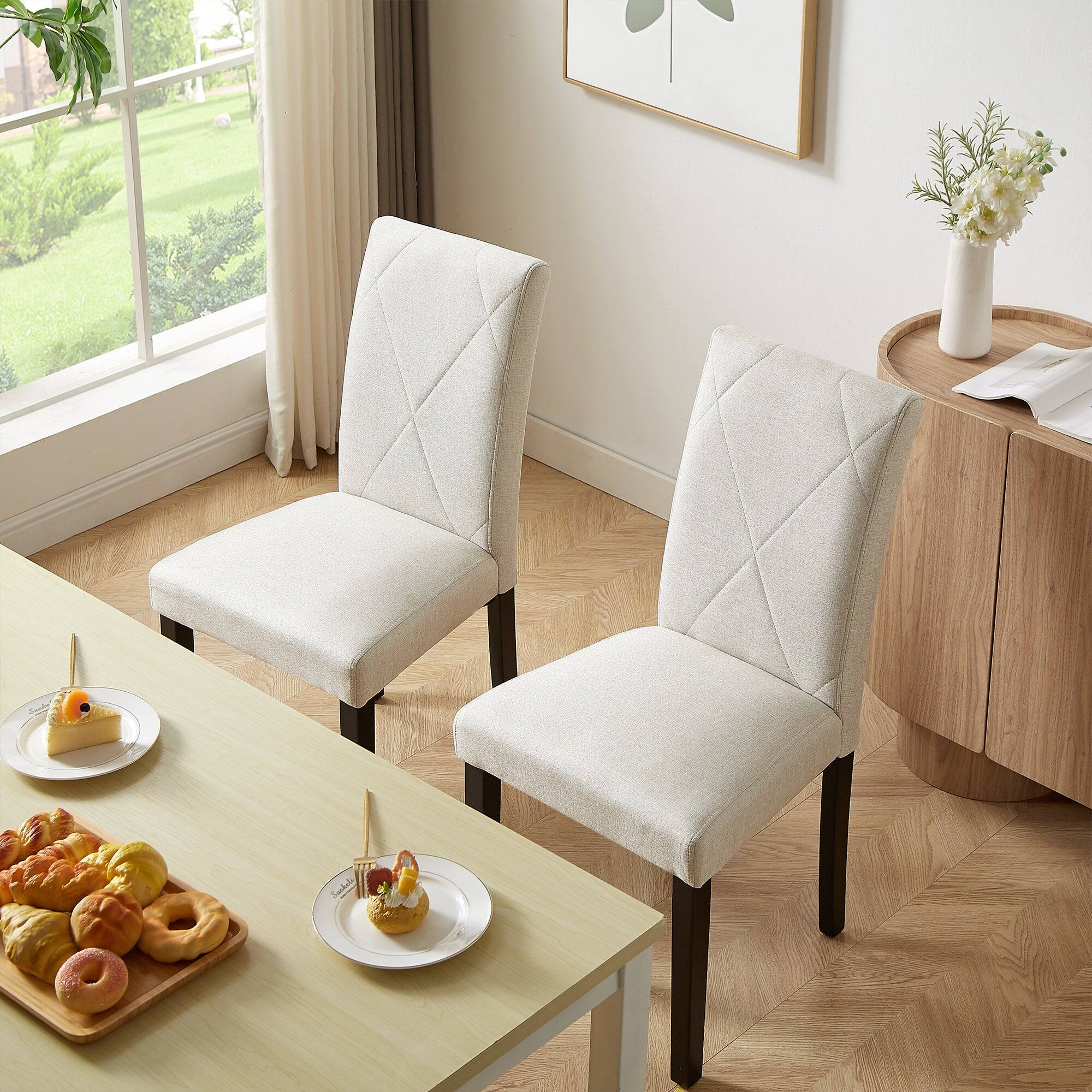 Alt View 4. Vecelo - Set Of 2 Linen Upholstered Dining Chairs with Solid Wood Legs, High Back Ergonomic Kitchen Chairs - Beige.