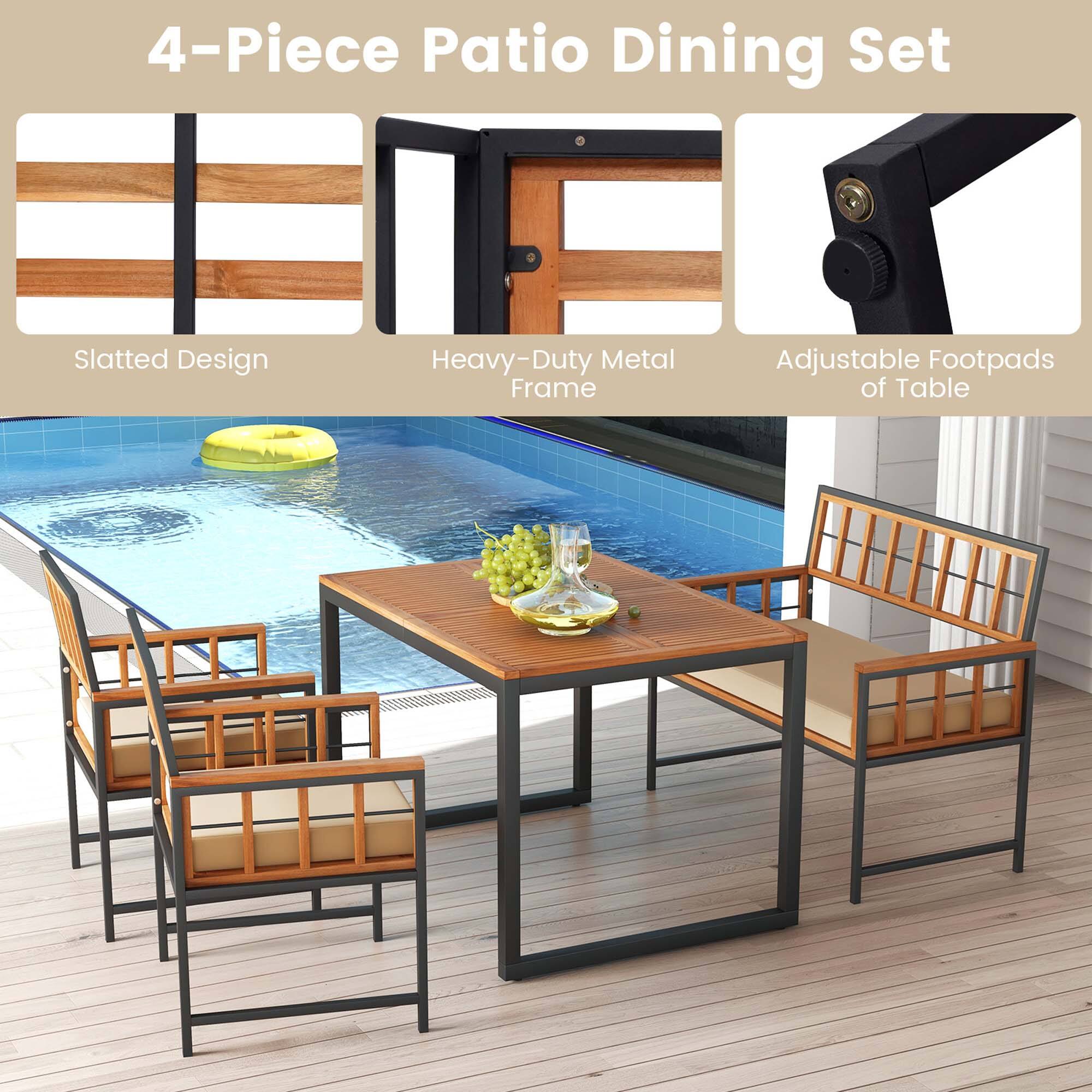 The image features a 4-piece patio dining set, which includes a table and four chairs. The table is made of slatted design and has a heavy-duty metal frame. The set also includes adjustable footpads for added stability and comfort. The chairs are arranged around the table, creating a cozy and inviting outdoor dining space.