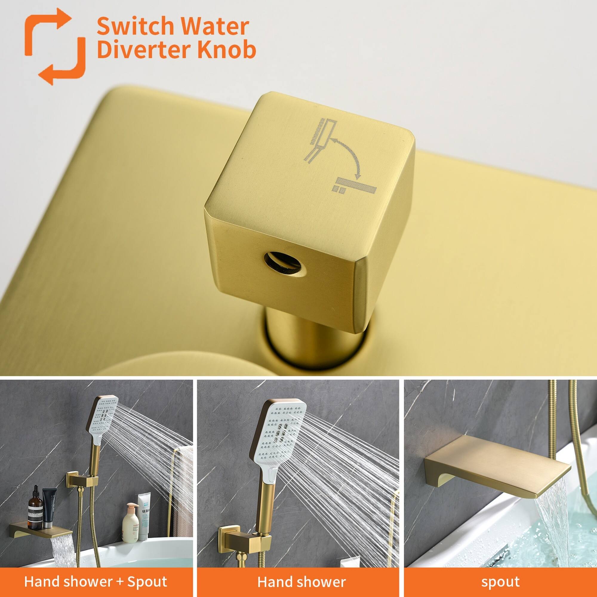 Switch Water Diverter Knob

- Hand shower + Spout
- Hand shower
- Spout