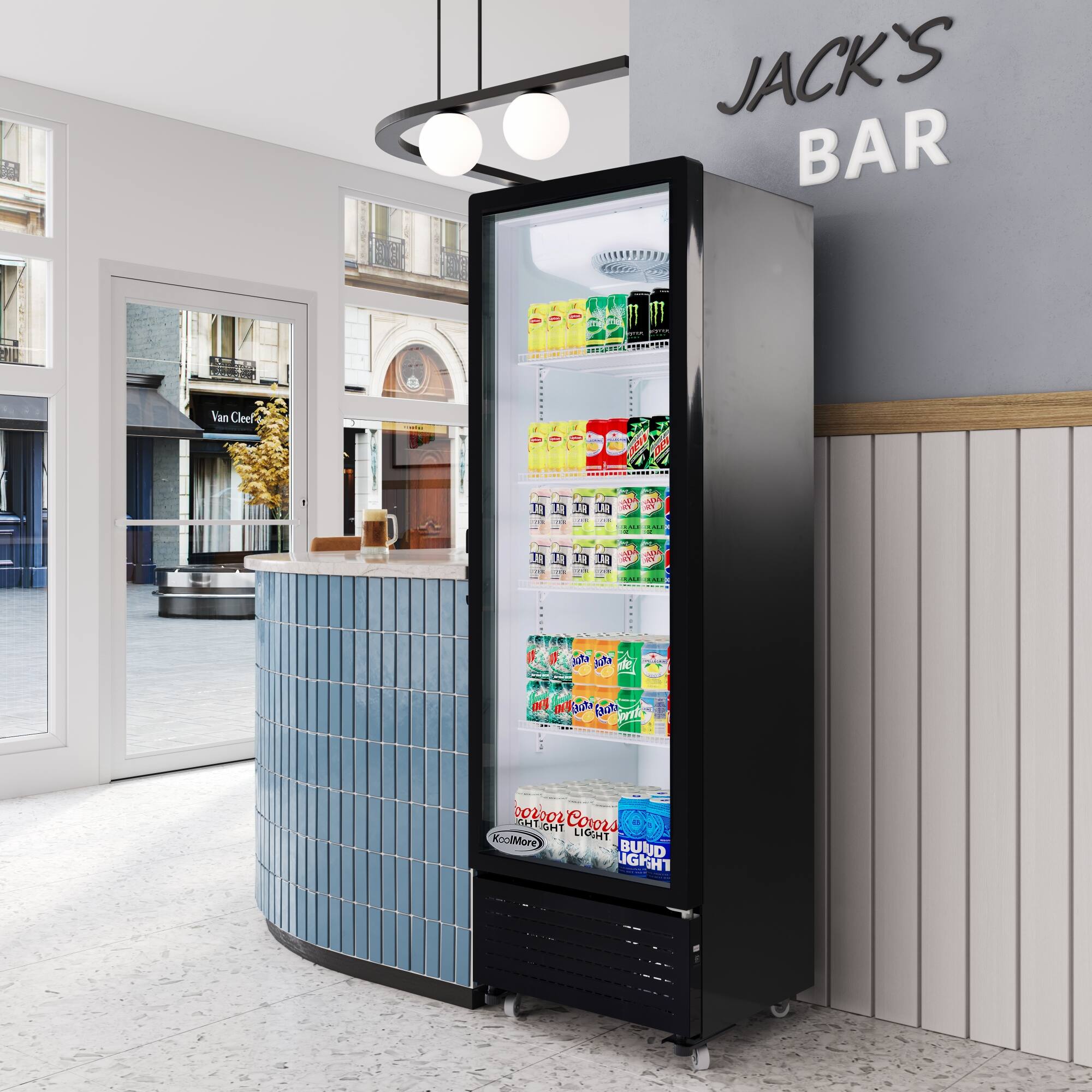 Jack's Bar is a bar that offers a variety of drinks and snacks. The image shows a refrigerator filled with drinks, including cans and bottles, and snacks. The refrigerator is located in the corner of the bar, and it is stocked with a wide selection of beverages. The bar also has a counter and a window, providing a comfortable and inviting atmosphere for customers to enjoy their drinks and snacks.