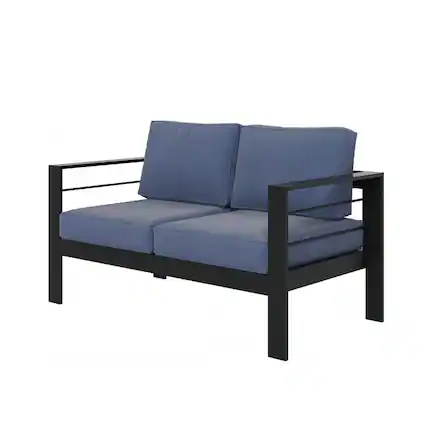 Front. Mondawe - 50" All-Weather Aluminum Patio Loveseat with Cushions - Black+Blue.