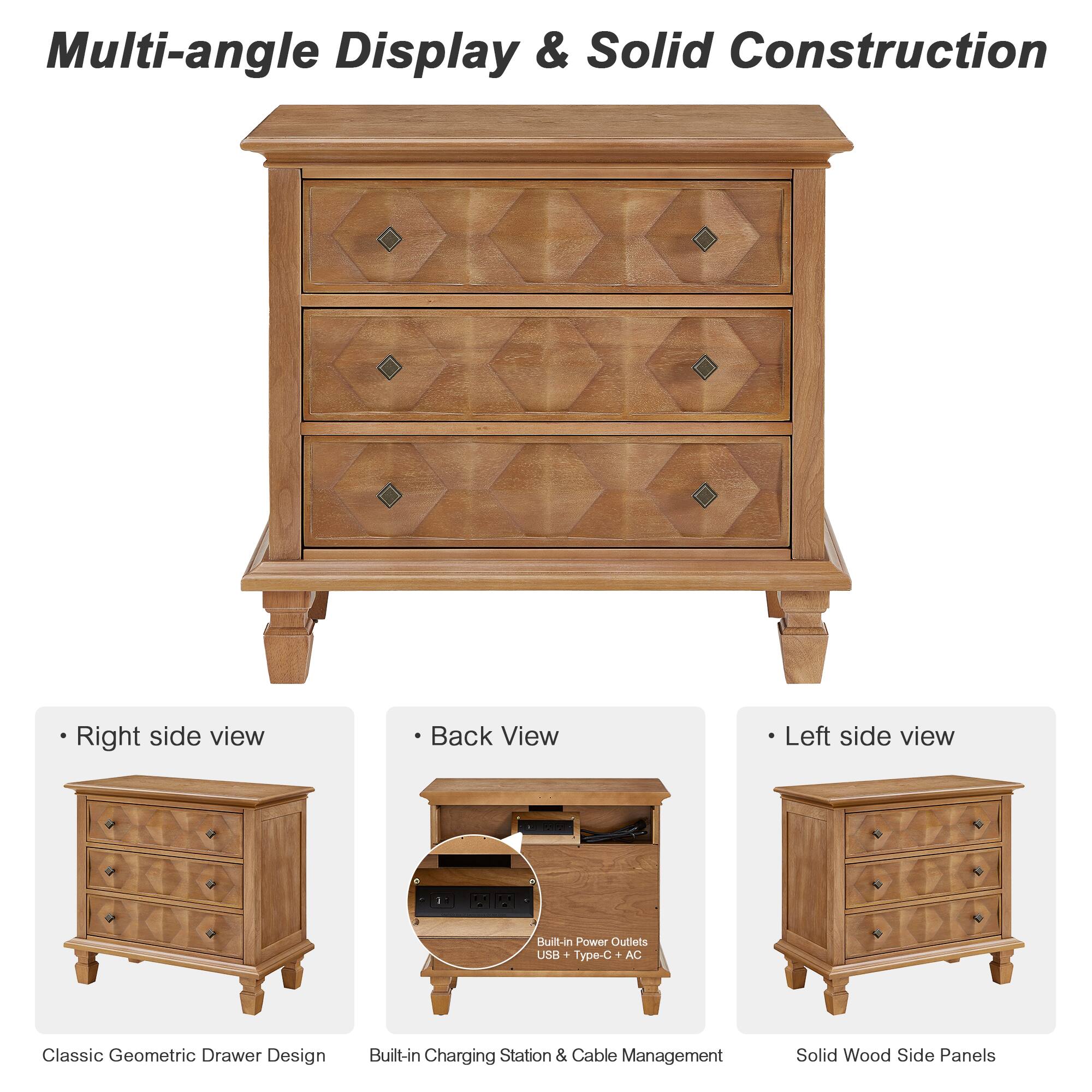 Multi-angle Display & Solid Construction  
Right side view  
Back View  
Left side view  
Built-in Power Outlets USB Type-C + AC  
Classic Geometric Drawer Design  
Built-in Charging Station & Cable Management  
Solid Wood Side Panels