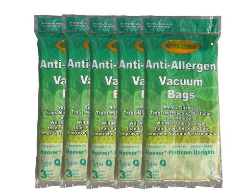 EnviroCare Anti-Allergen Vacuum Bags  
99.9% Filtration Traps Microscopic Particles and Allergens  
Will Not Tear, Stronger than Paper  
Better Airflow Improves Vacuum Performance  
Hoover Platinum Uprights Type Q  
3 Bags