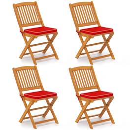 Costway - Outdoor Folding Chairs Set of 4 Acacia Wood High-Back Chair with Seat Cushions - Red