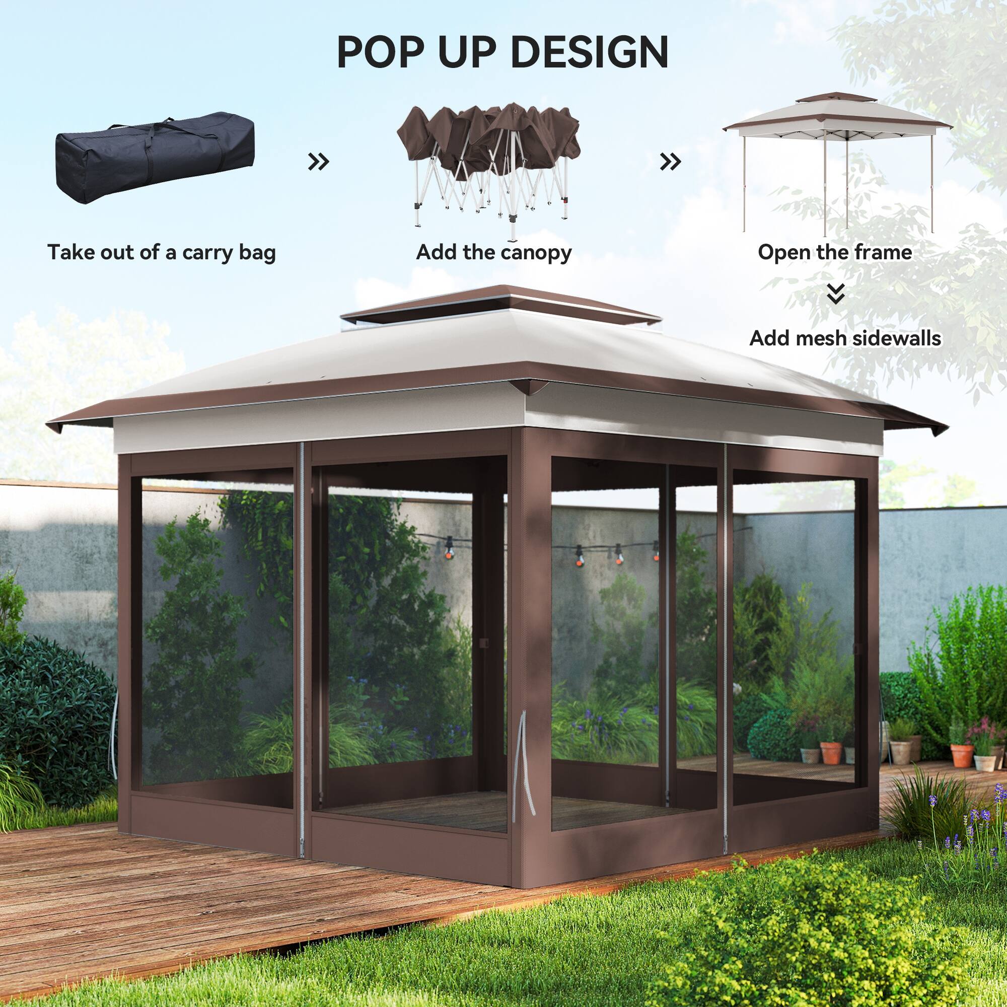 POP UP DESIGN

- Take out of a carry bag
- Add the canopy
- Open the frame
- Add mesh sidewalls