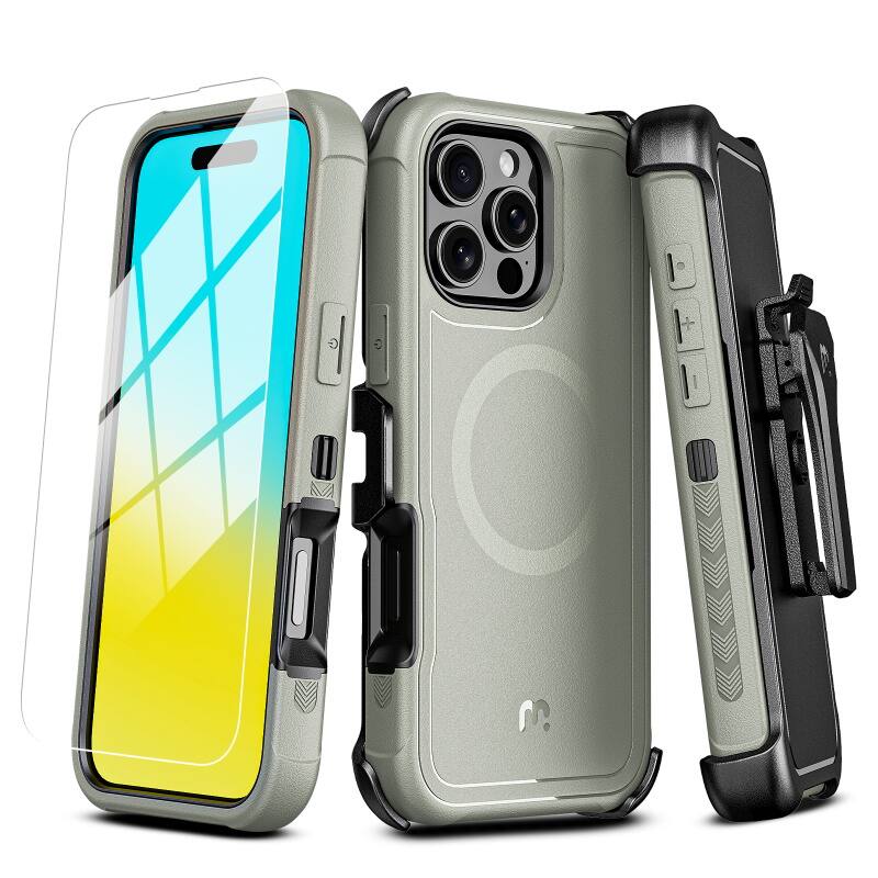 Mybat Pro - Maverick Series MagSafe Case with Holster and Tempered Glass for Apple iPhone 16 Pro - Grey - Gray