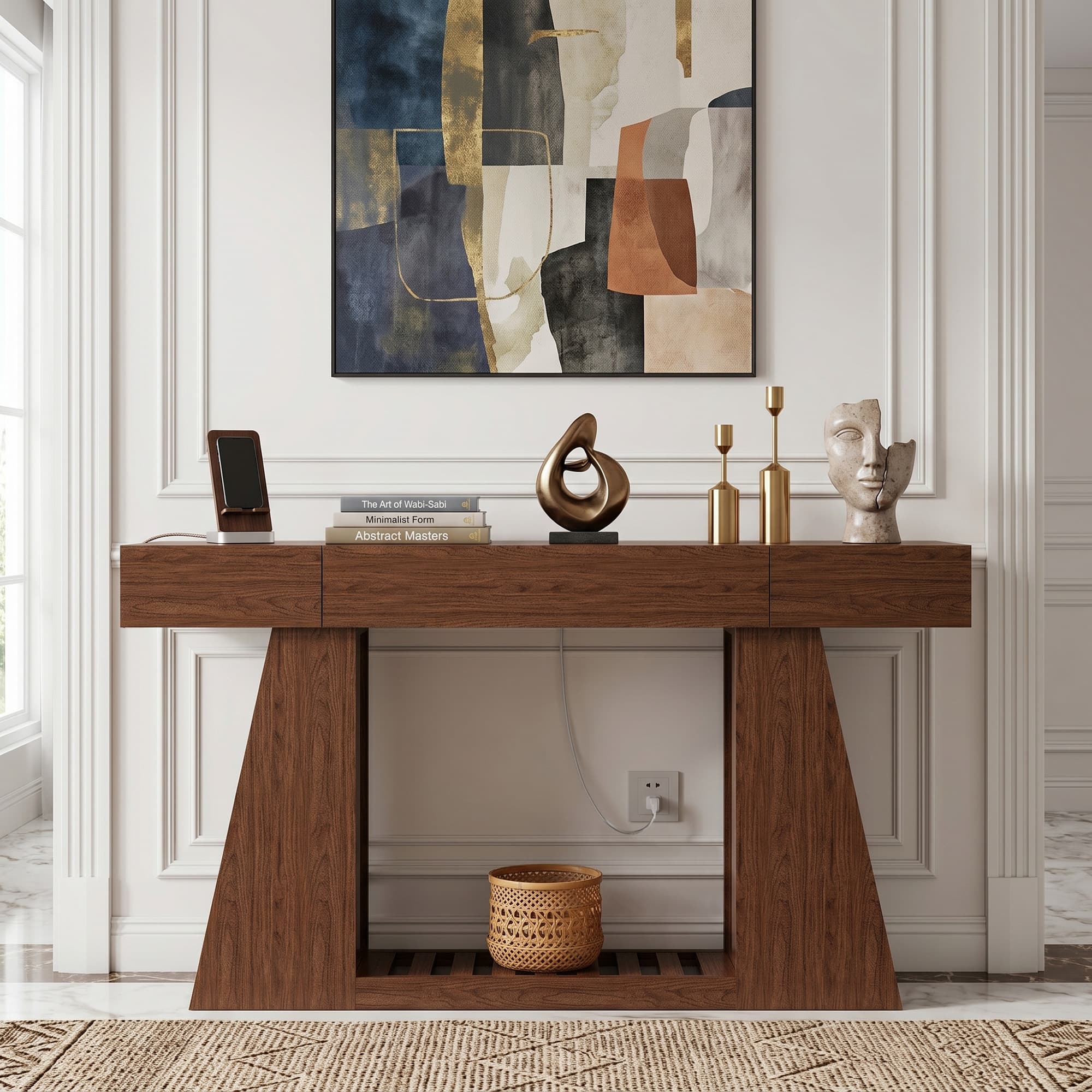 Loheer - 60 Inch Narrow Console Table with Power Outlet Farmhouse Sofa Table Behind Couch Entryway Foyer Table Wood - Walnut price history on PriceWatchPro