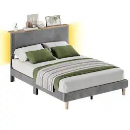 Bestier - Bed Frame Upholstered Platform Gaming Bed with LED Light & Adjustable Storage Headboard for Bedroom - Gray