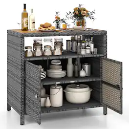 Gymax - Patio Rattan Storage Cabinet w/ Acacia Wood Countertop Open Shelf 2 Door Cabinet - Mixed Grey, Natural