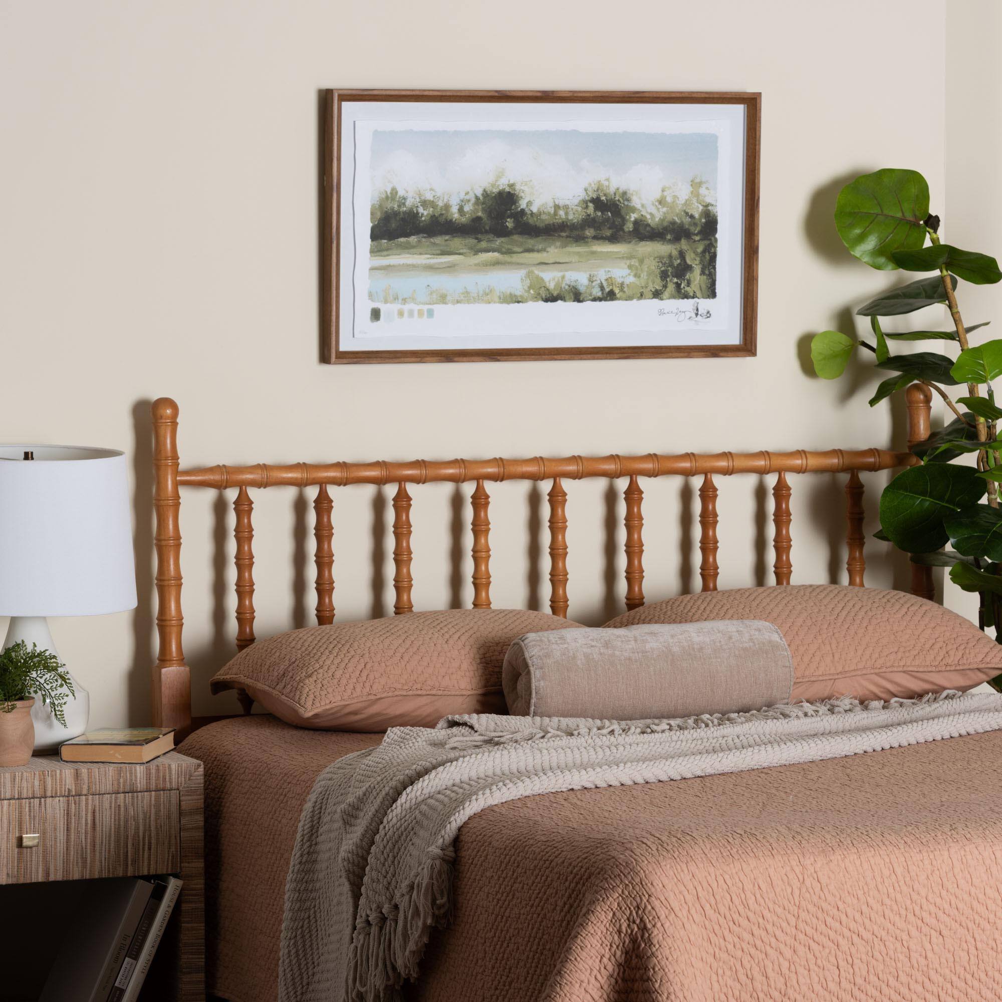Back. Baxton Studio - Edaline Bamboo Motif Headboard - Crafted Wood Panel with Decorative Turned Spindle Design for Boho Costal Bedroom, Full - Oak Brown.
