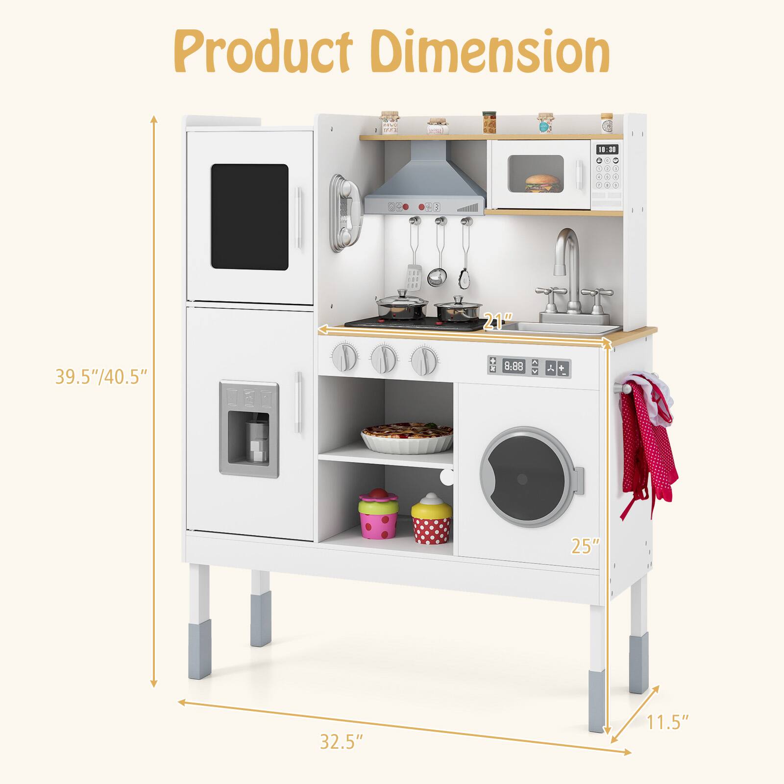 Product Dimension

- Height: 39.5"/40.5"
- Width: 32.5"
- Depth: 25"
- Height of the sink area: 21"
- Height of the oven: 8.88"
- Height of the washing machine: 11.5"