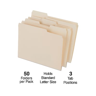 50 Folders per Pack  
Holds Standard Letter Size  
3 Tab Positions