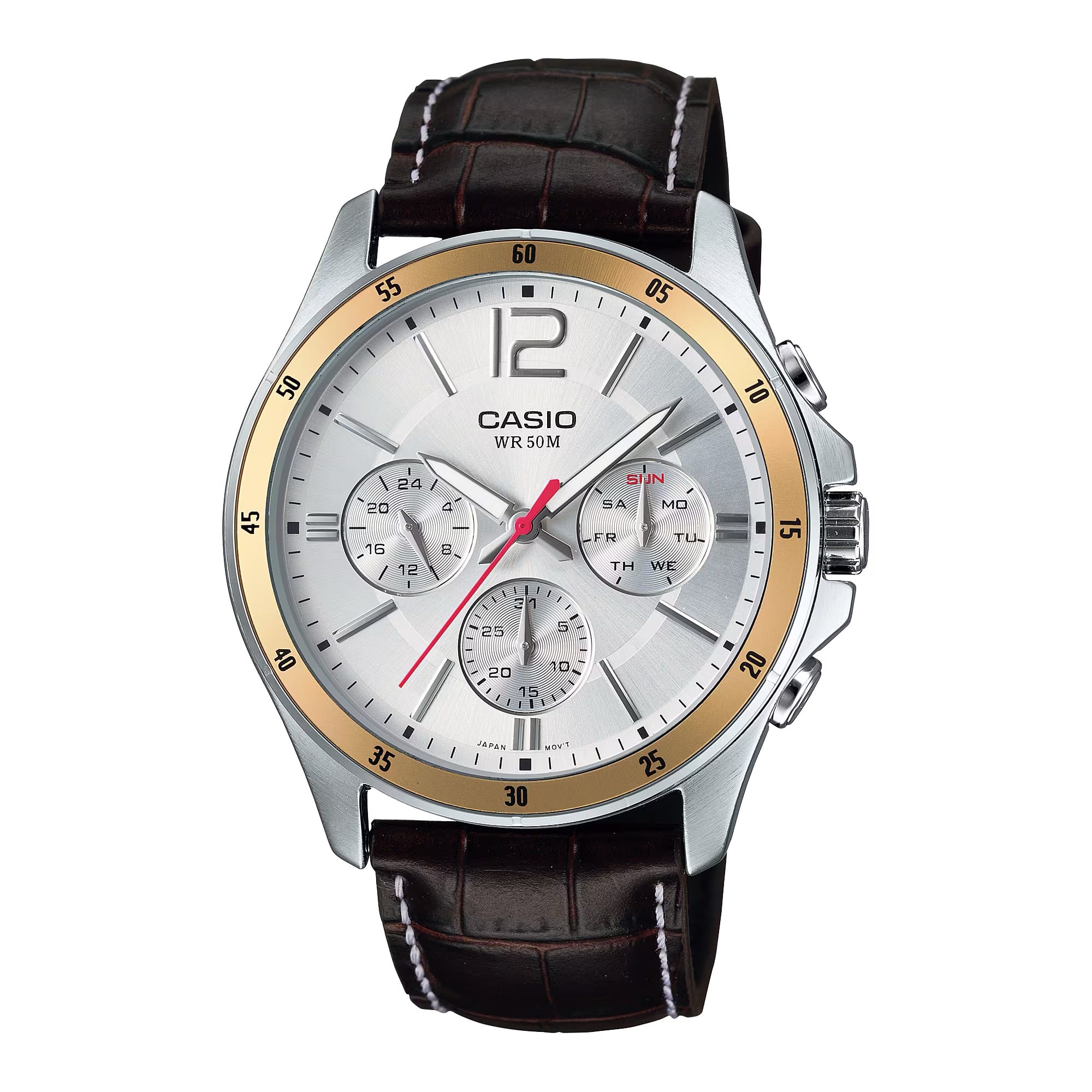 Casio Men's Silver Dial Chronograph Leather Watch with Gold Tone