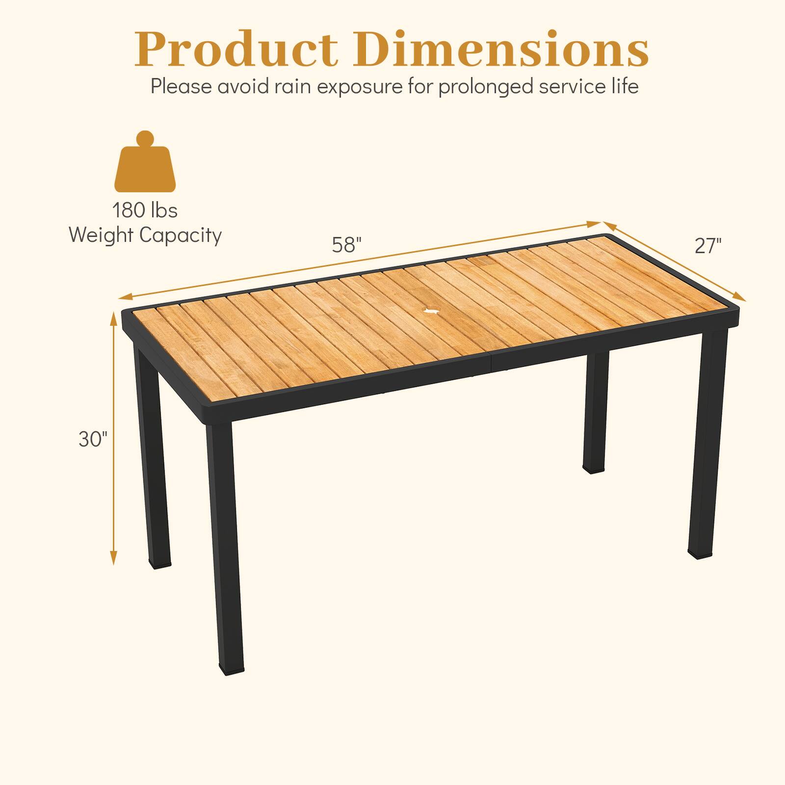 Product Dimensions  
Please avoid rain exposure for prolonged service life  

180 lbs Weight Capacity  
58" x 27" x 30"
