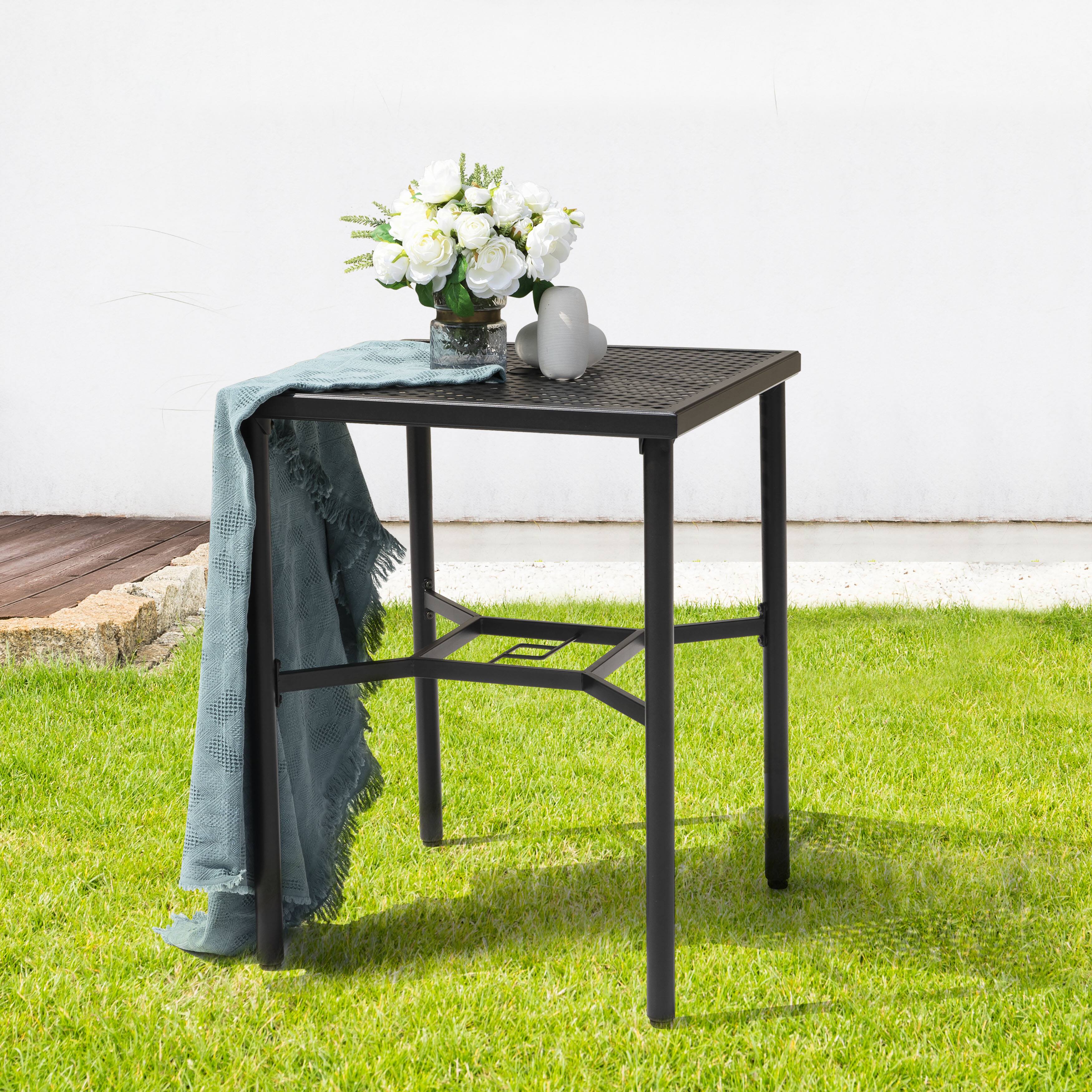 Alt View 5. Nuu Garden - Metal Rectangular Outdoor Bar Table with Diamond-Patterned Tabletop - Black.