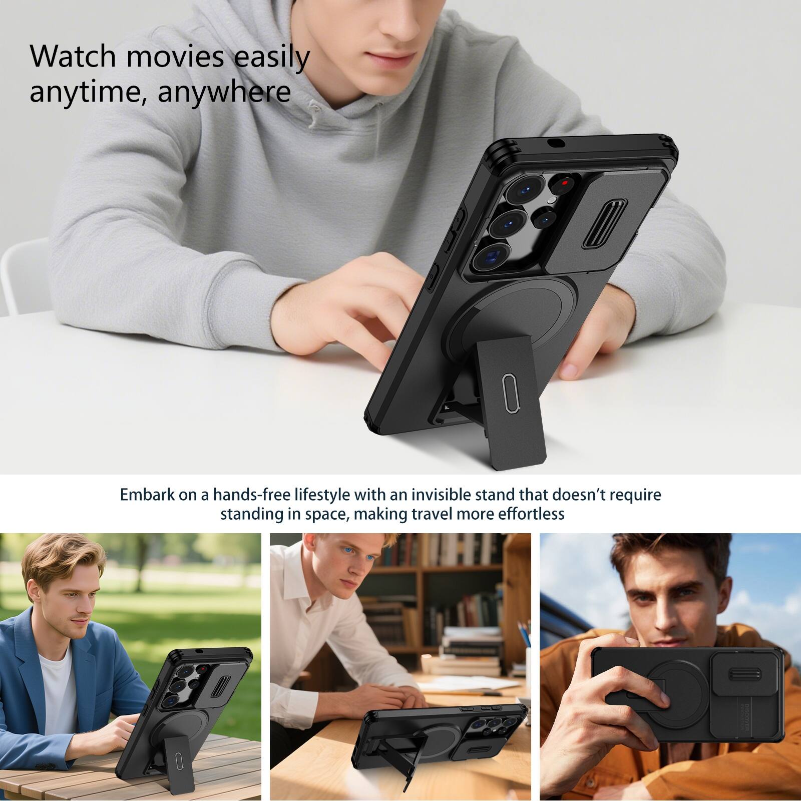 Watch movies easily anytime, anywhere

Embark on a hands-free lifestyle with an invisible stand that doesn't require standing in space, making travel more effortless
