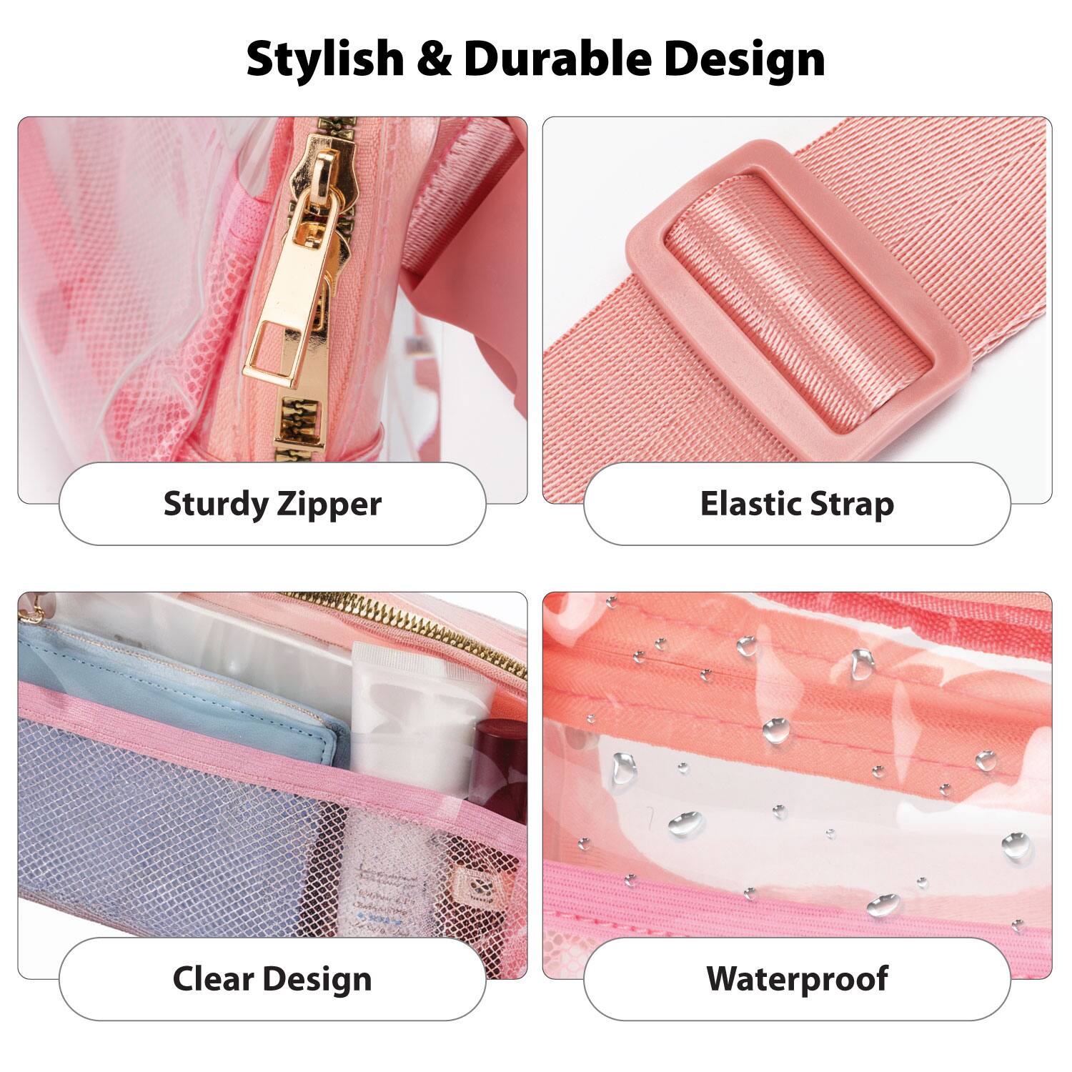 Stylish & Durable Design

- Sturdy Zipper
- Elastic Strap
- Clear Design
- Waterproof