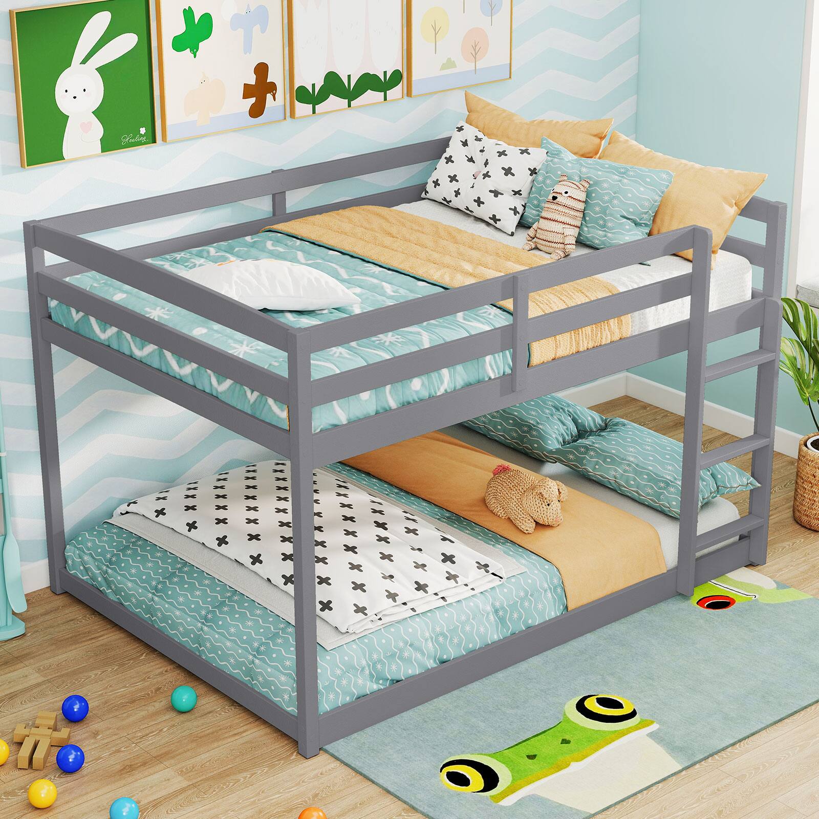 Alt View 5. Costway - Costway Full Over Full Bunk Bed with Full-length Guardrails & Integrated Ladder - Gray.