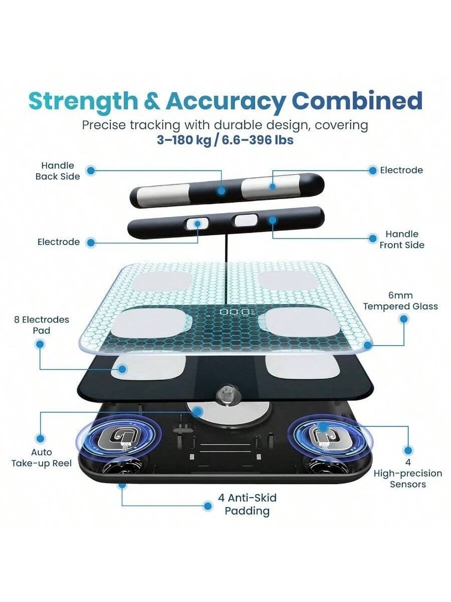 Strength & Accuracy Combined  
Precise tracking with durable design, covering 3-180 kg / 6.6-396 lbs  

- Handle Back Side  
- Electrode  
- Handle Front Side  
- 8 Electrodes Pad  
- 6mm Tempered Glass  
- Auto Take-up Reel  
- 4 Anti-Skid Padding  
- 4 High-precision Sensors