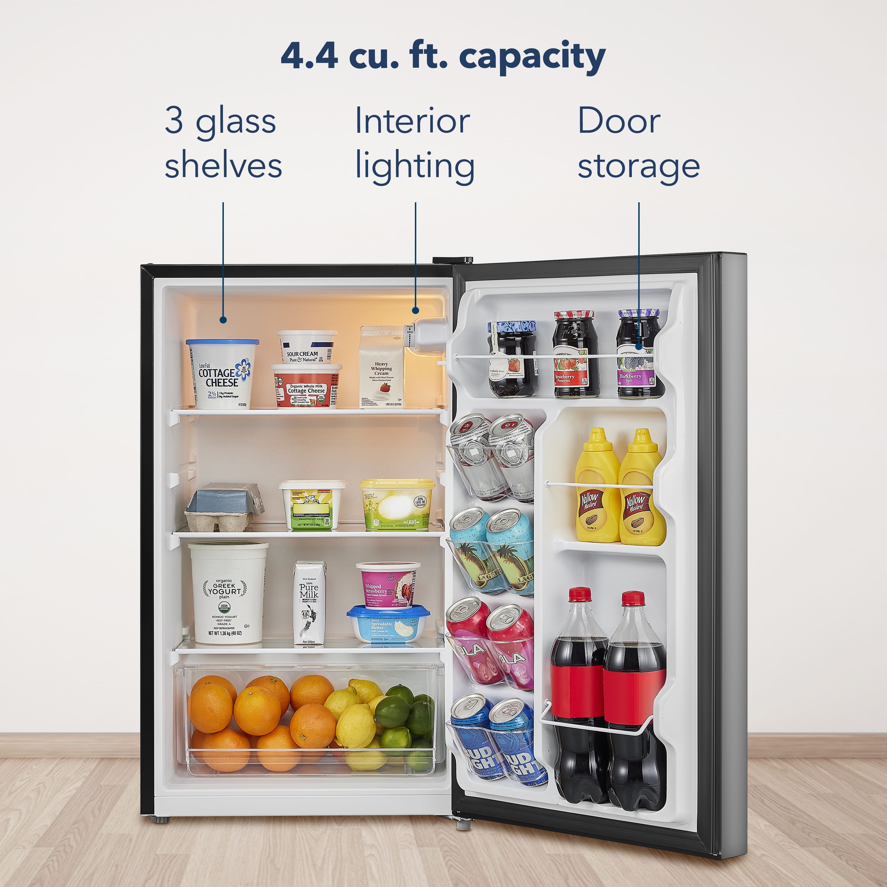 4.4 cu. ft. capacity
3 glass shelves
Interior lighting
Door storage