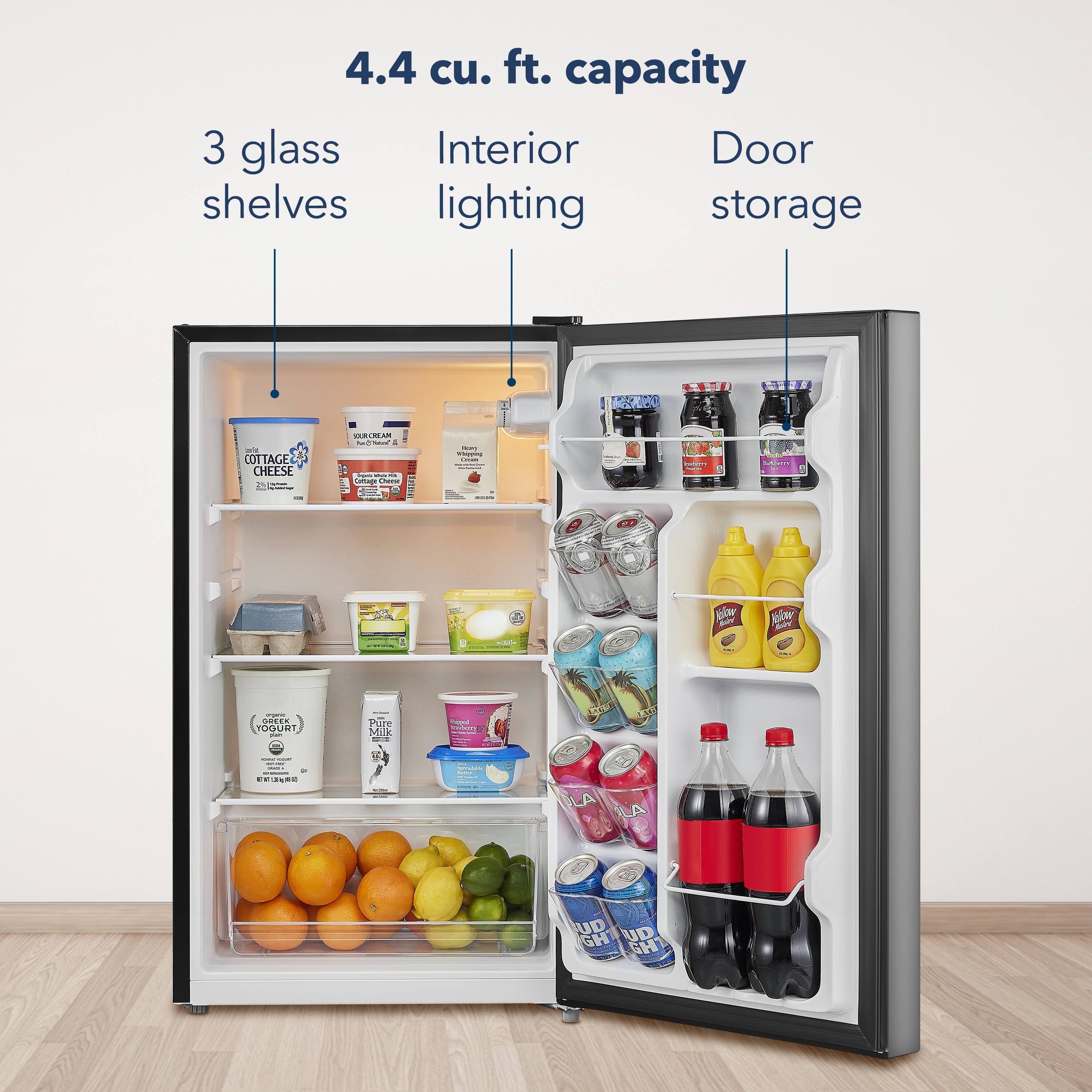 4.4 cu. ft. capacity

3 glass shelves

Interior lighting

Door storage