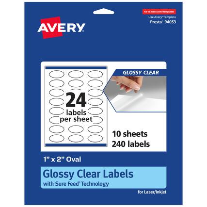 Go to avery.com/templates
Use Avery Template Presta® 94053
GLOSSY CLEAR
24 labels per sheet
10 sheets
240 labels
1" x 2" Oval
Glossy Clear Labels
with Sure Feed® Technology
for Laser/Inkjet