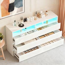 Vipbear - 6 Drawer Double Dresser with Power Outlet, Accent Chests of Drawers with LED Light, Charging Station - White