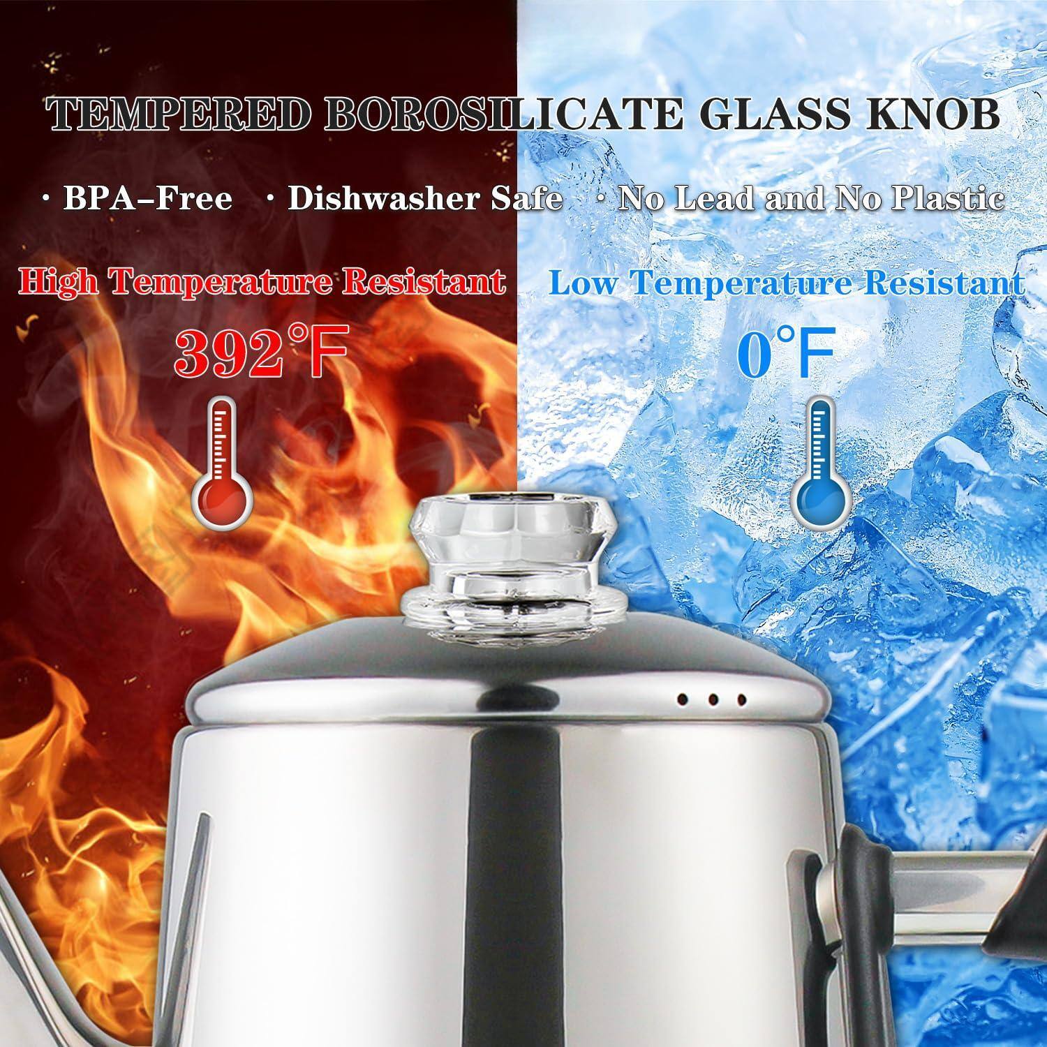 Tempered Borosilicate Glass Knob  
- BPA-Free  
- Dishwasher Safe  
- No Lead and No Plastic  

High Temperature Resistant  
392°F  

Low Temperature Resistant  
0°F