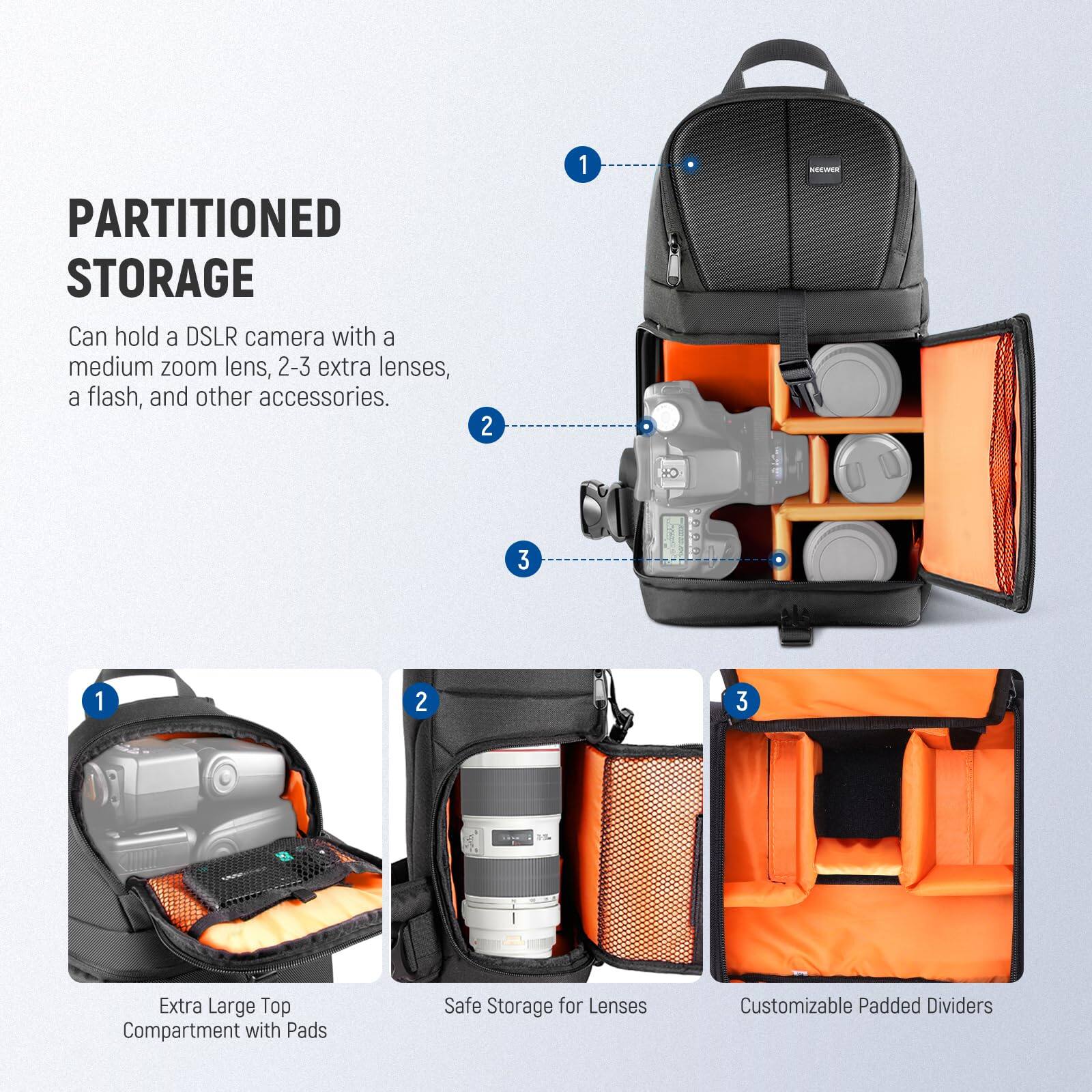 PARTITIONED STORAGE

Can hold a DSLR camera with a medium zoom lens, 2-3 extra lenses, a flash, and other accessories.

1. Extra Large Top Compartment with Pads
2. Safe Storage for Lenses
3. Customizable Padded Dividers