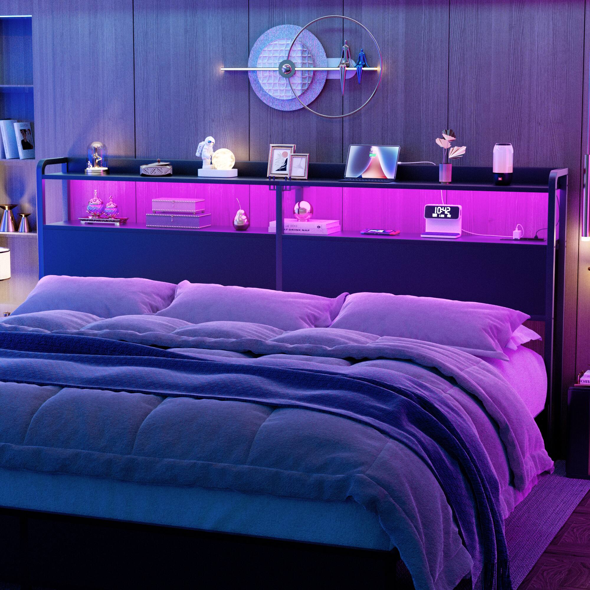 Alt View 4. Aheaplus - King Headboard Only, Headboard with Power Outlets and LED Lights for King Size Bed, Easy Assembly - Black.